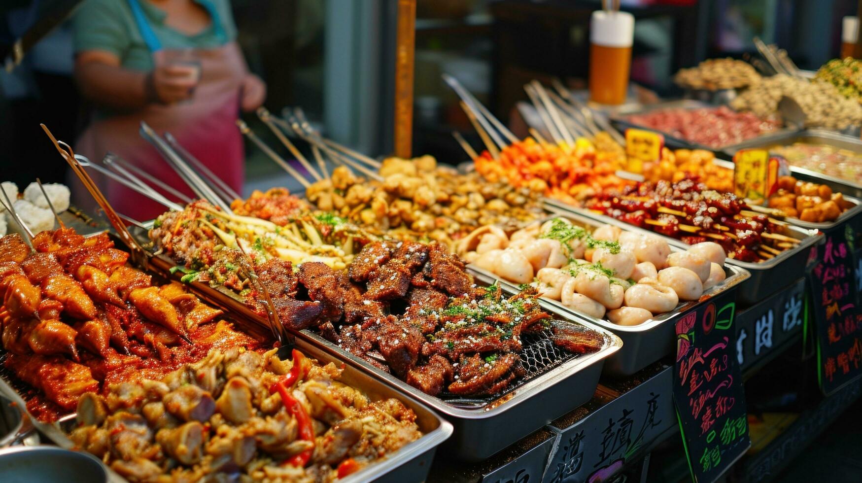 ai generiert Straße Essen Stände mit ein Vielfalt von würzig und aromatisch International kulinarisch Angebote foto