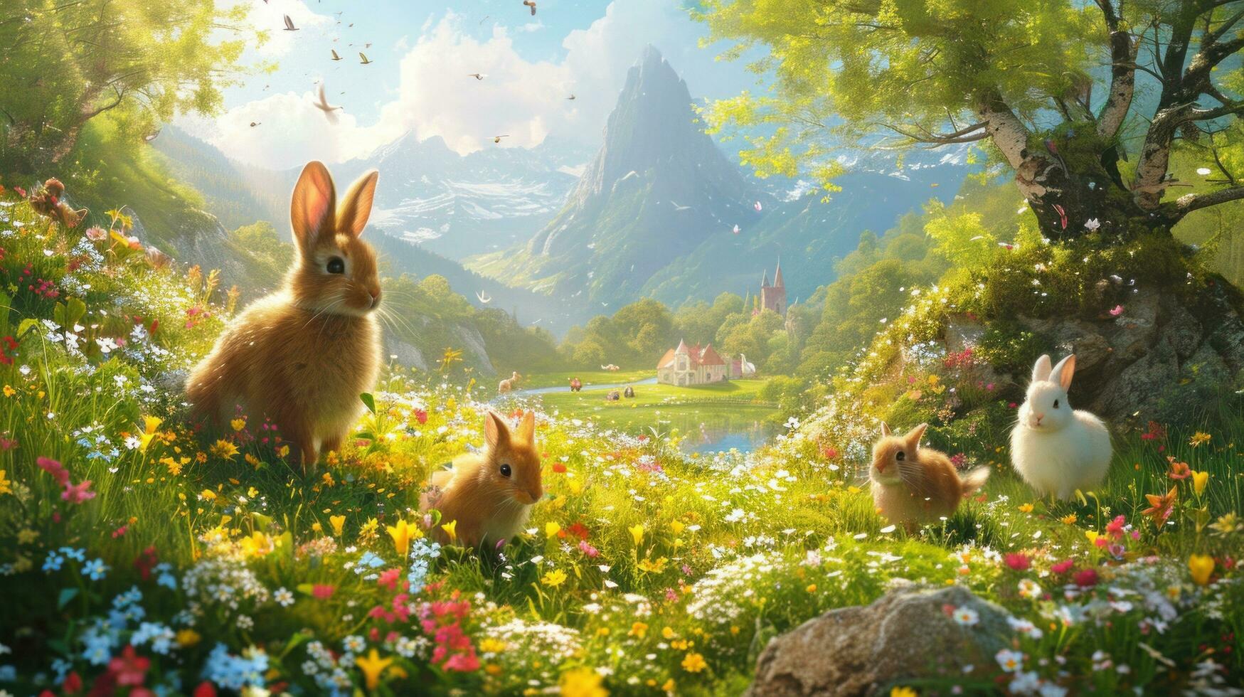 ai generiert Sonnenstrahlen, Wildblumen, und heiter Tiere im ein malerisch Ostern Landschaft foto