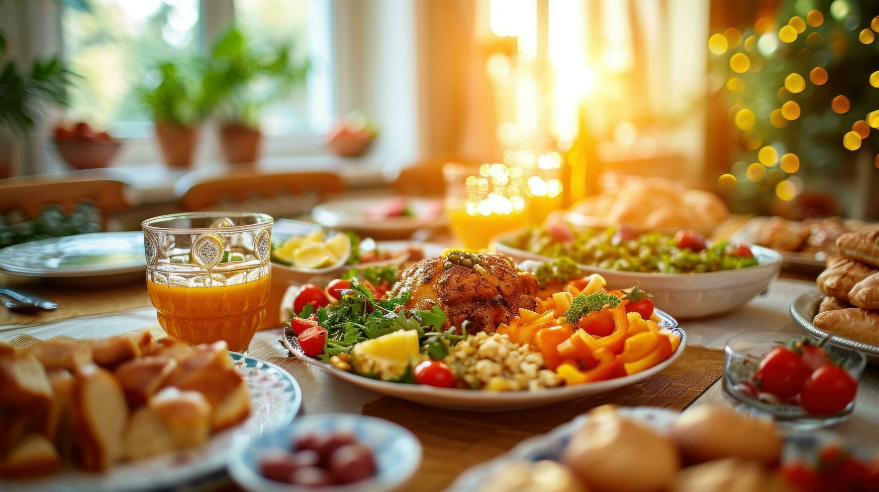 ai generiert warm und einladend Essen Szene, präsentieren ein festlich iftar Versammlung beim Zuhause mit Kopieren Raum foto