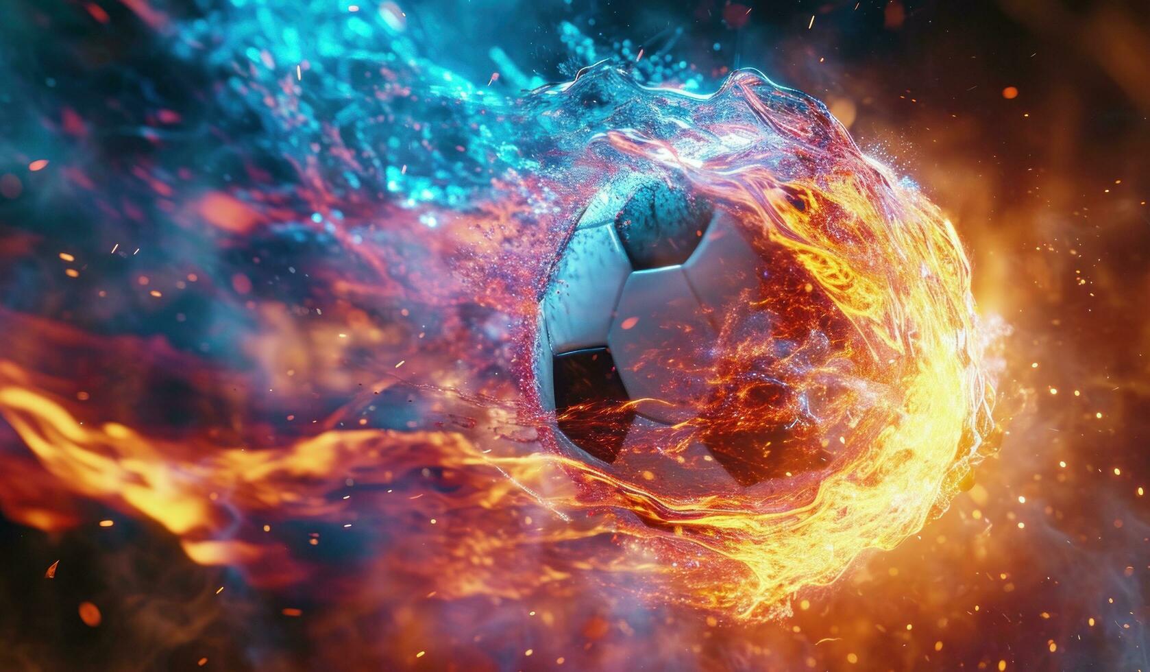 ai generiert ein Fußball Ball Sein geblasen durch Feuer foto