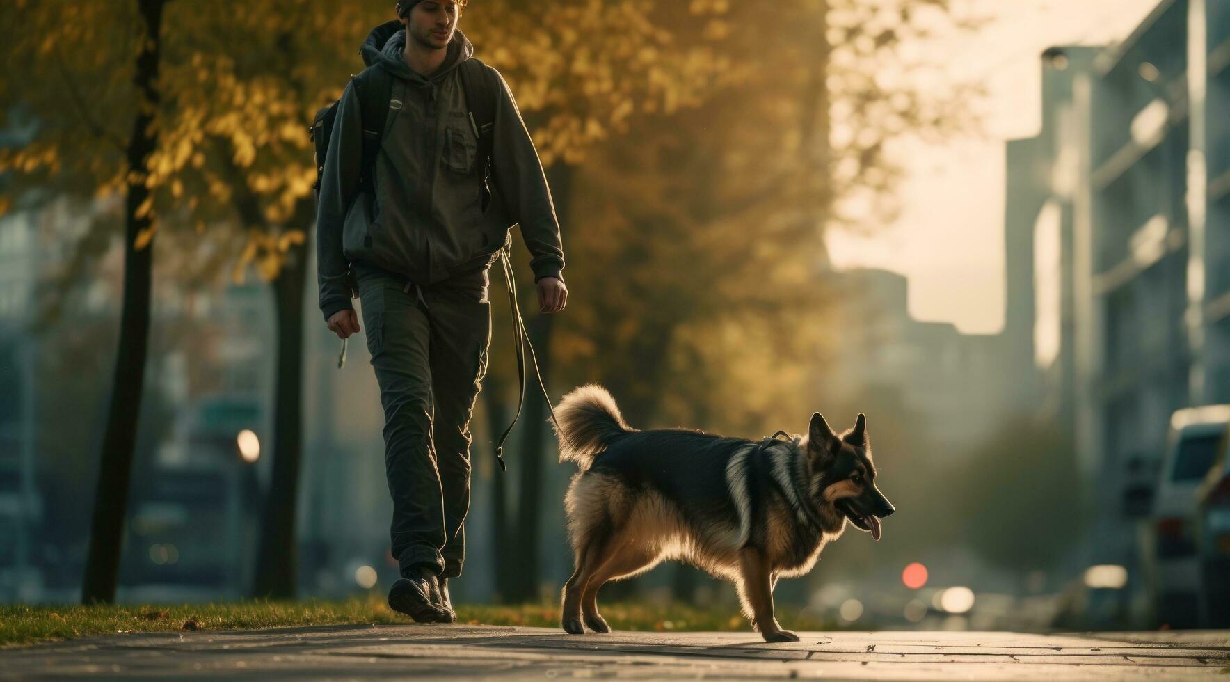 ai generiert Mann auf Hund wie er Spaziergänge ein Stadt Straße Stadt Park foto