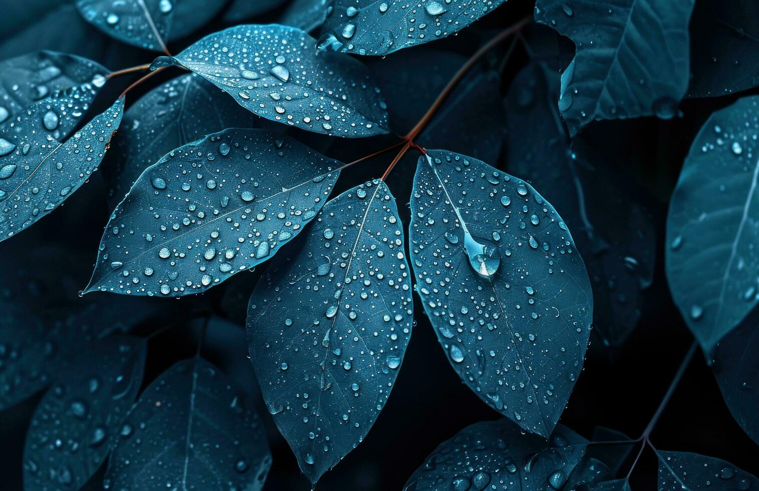 ai generiert Blau Blatt mit Regen Tröpfchen im das Hintergrund foto