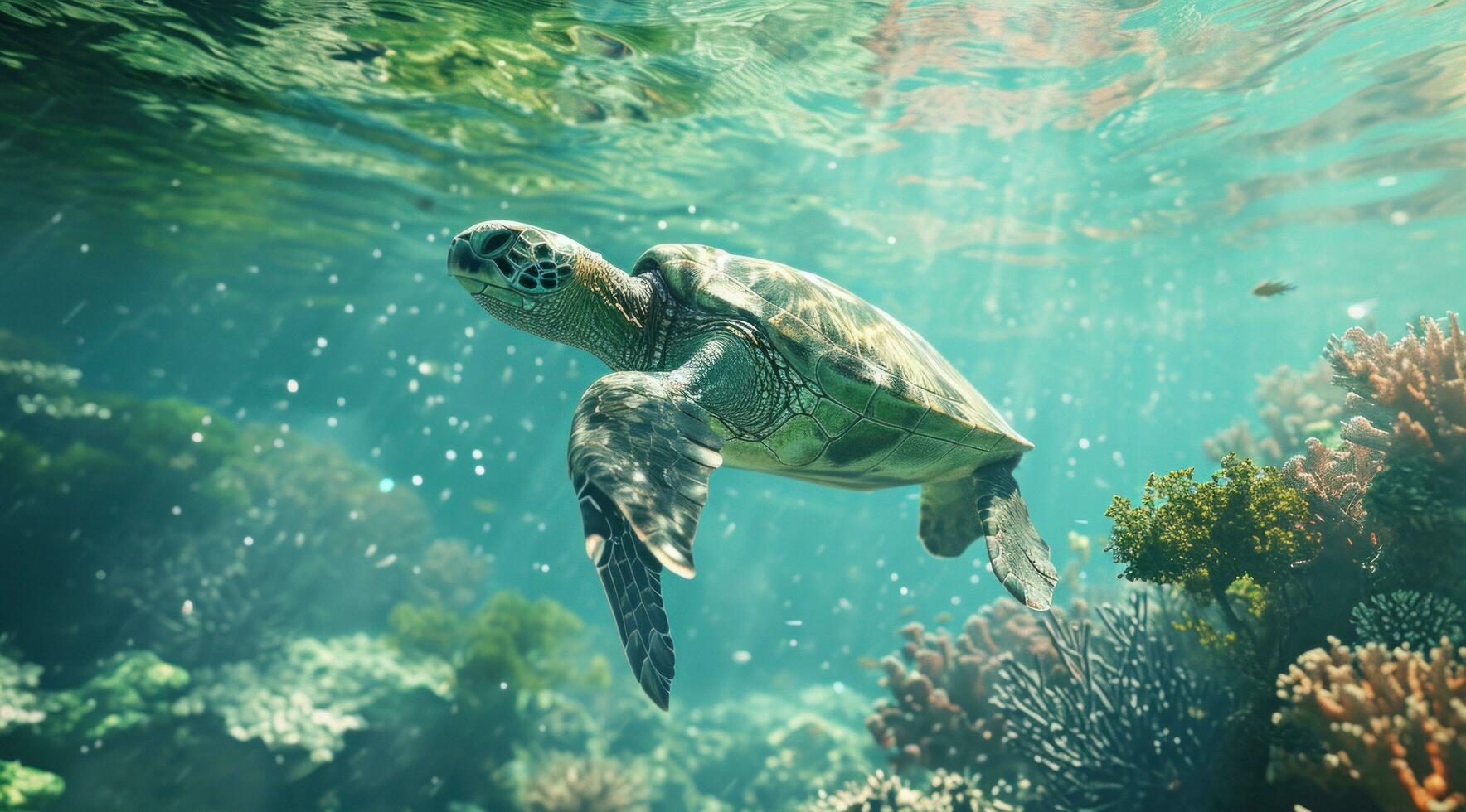 ai generiert ein Schildkröte Schwimmen im das Ozean umgeben durch Koralle Riffe foto