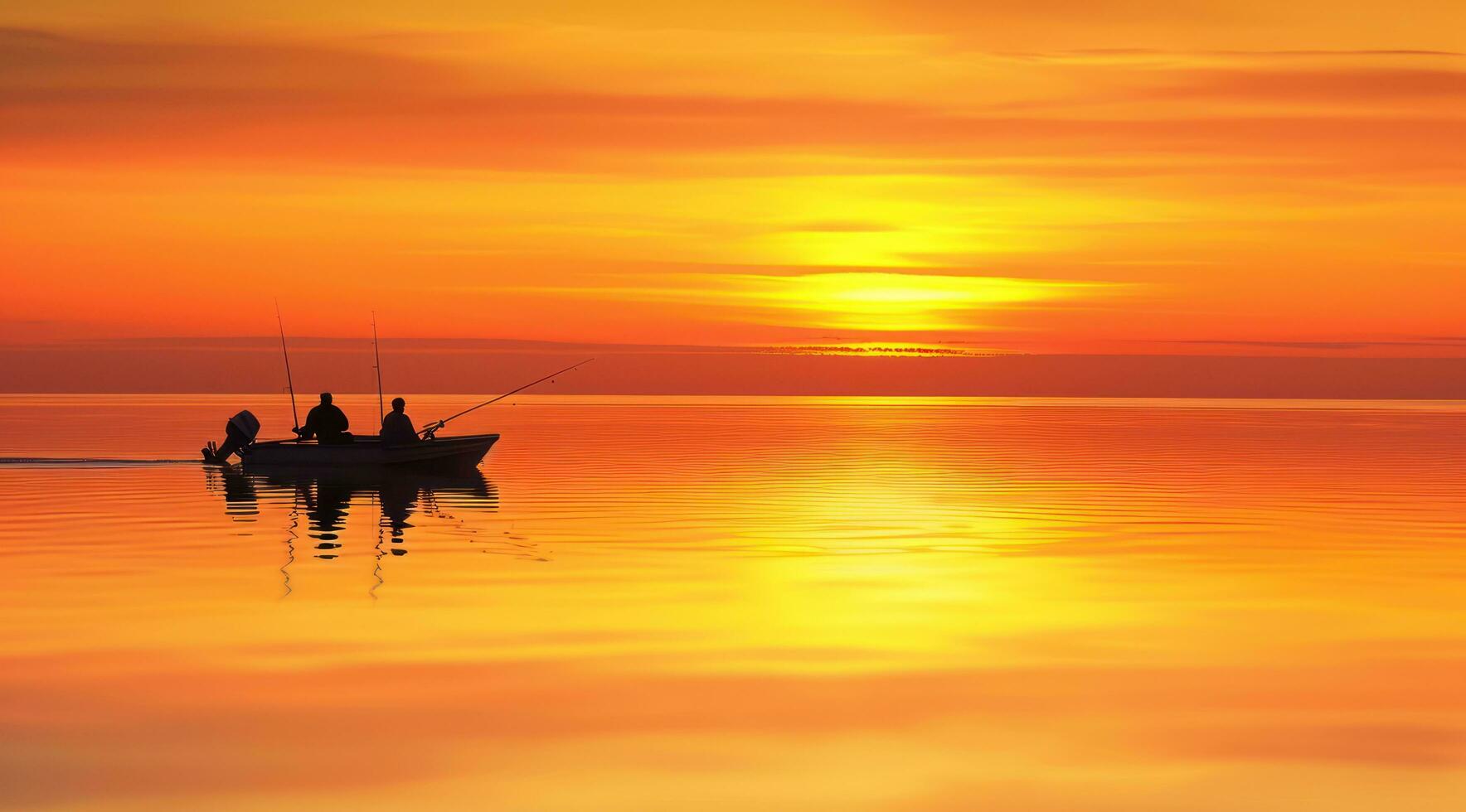 ai generiert zwei Männer Angeln auf ein Boot auf das Wasser mit Sonnenuntergang, beruhigend Symmetrie foto