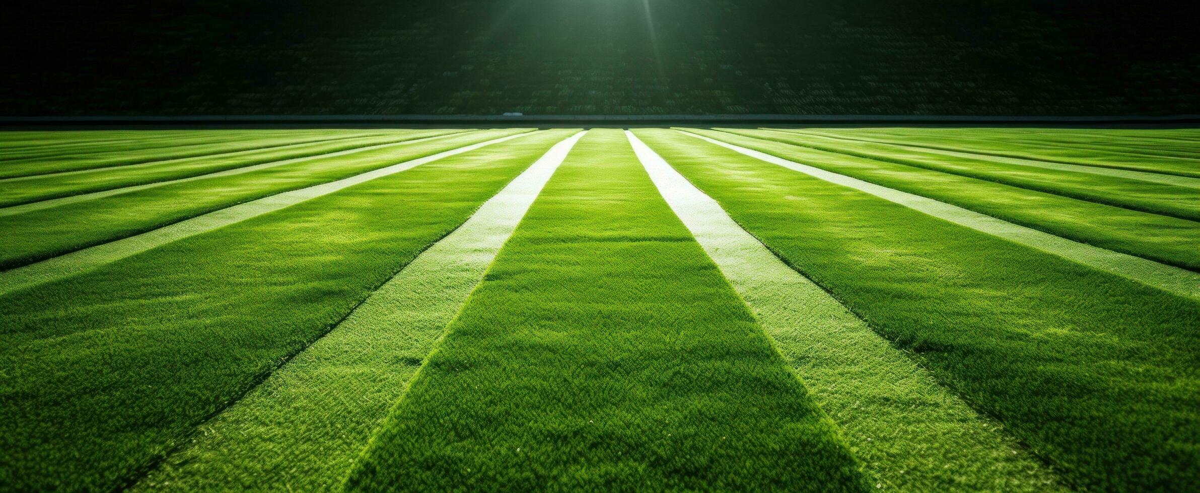 ai generiert ein Grün Feld mit künstlich Gras und etwas Sonnenstrahlen foto