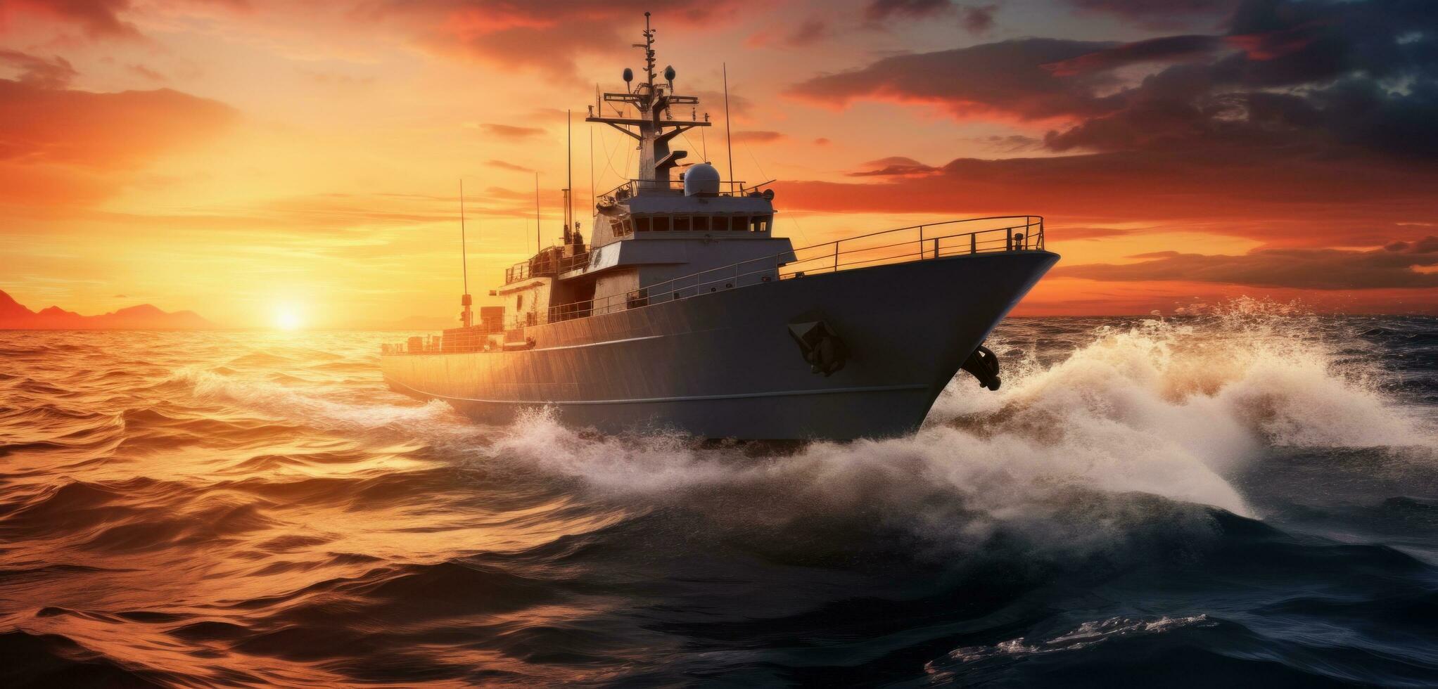 ai generiert ein schön Militär- Boot auf das Ozean beim Sonnenuntergang foto