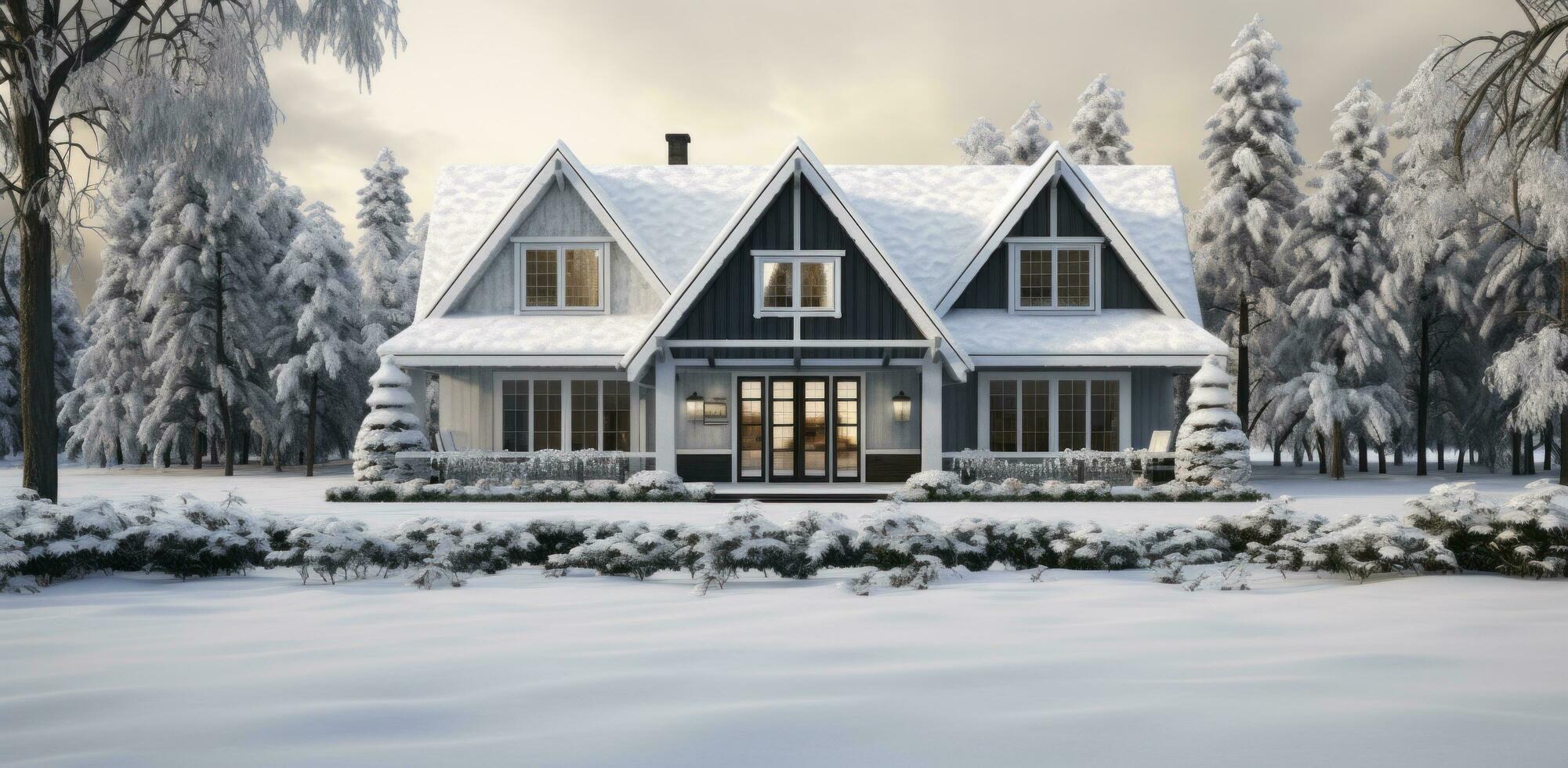 ai generiert ein Winter Szene mit ein Weiß Zuhause foto