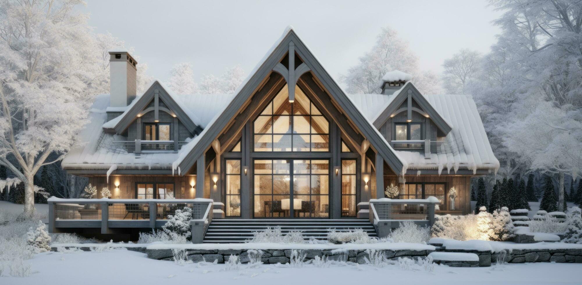 ai generiert ein rustikal Zuhause im ein Weiß schneebedeckt Winter Szene foto