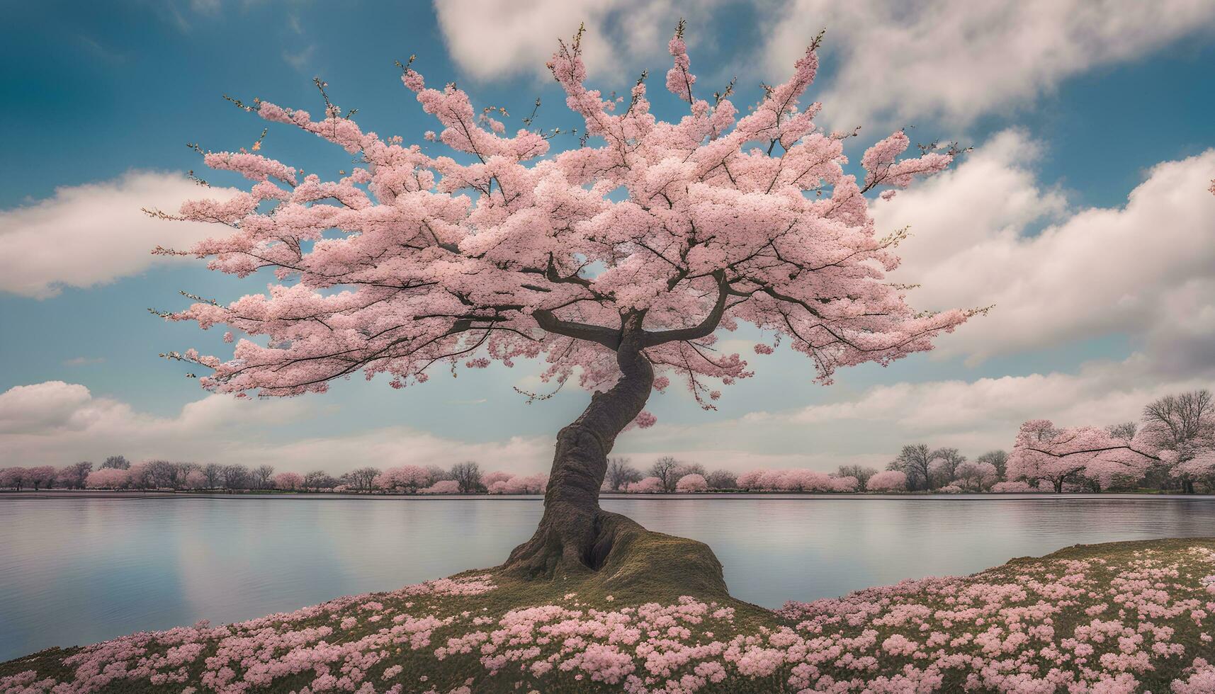 ai generiert ein Rosa Kirsche Baum steht im Vorderseite von ein See foto
