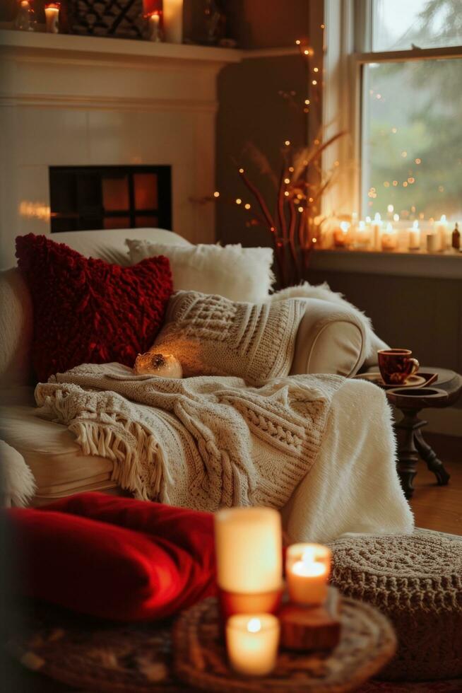 ai generiert gemütlich Decken, rot Kissen, und Kerzenlicht glühen foto