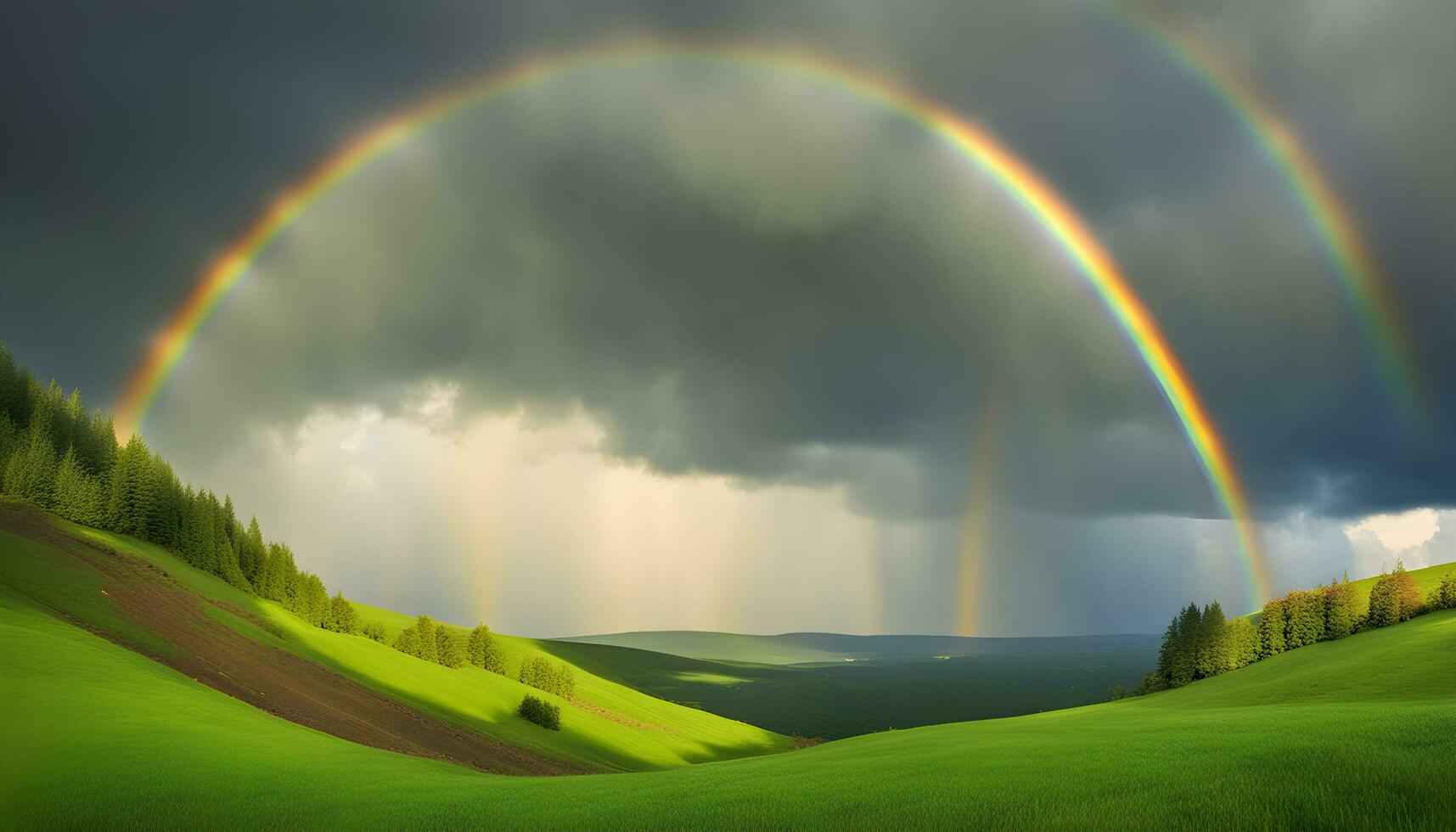 ai generiert Regenbogen Über das Grün Hügel und Bäume foto