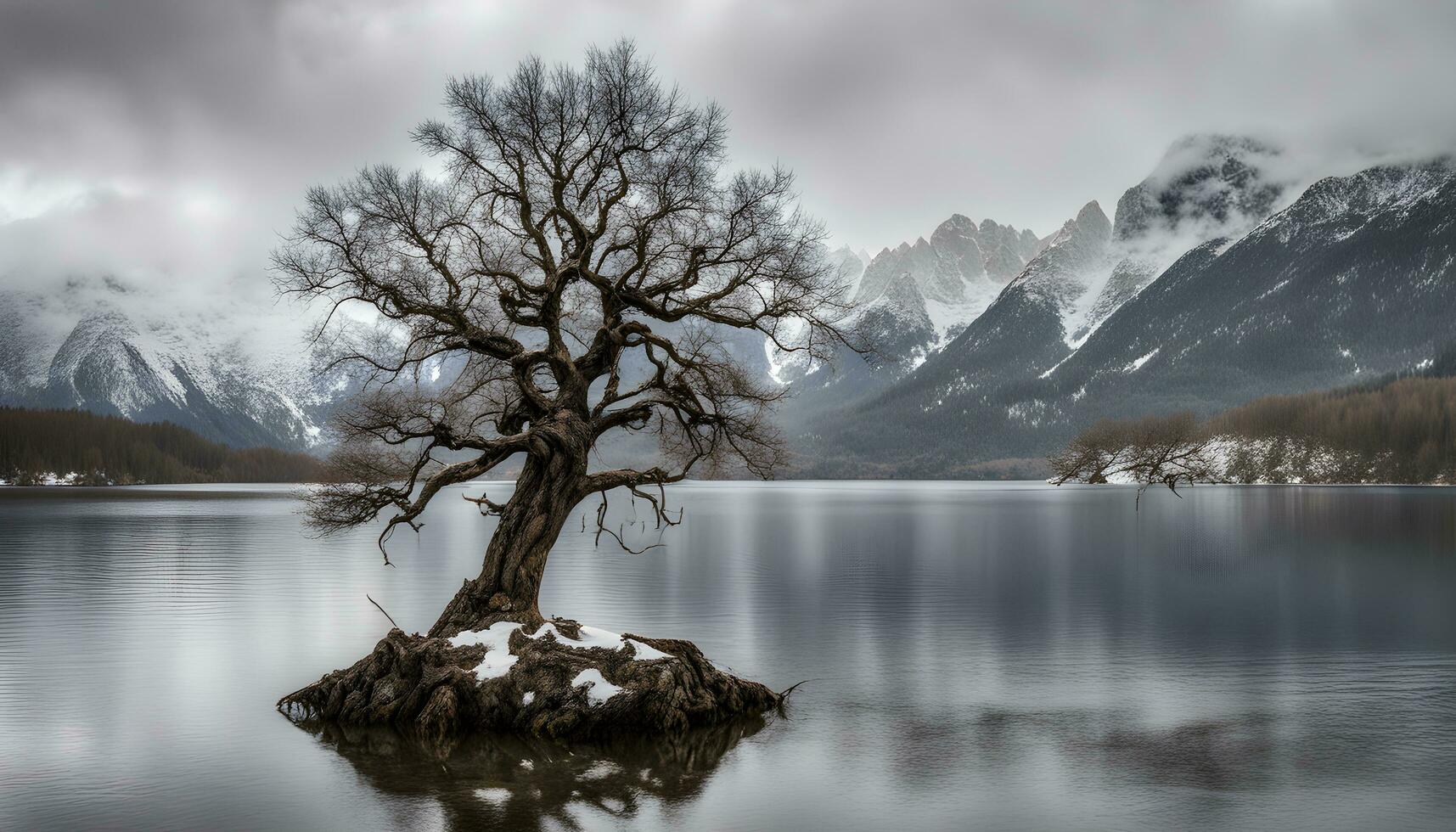 ai generiert ein einsam Baum steht auf ein Insel im ein See foto