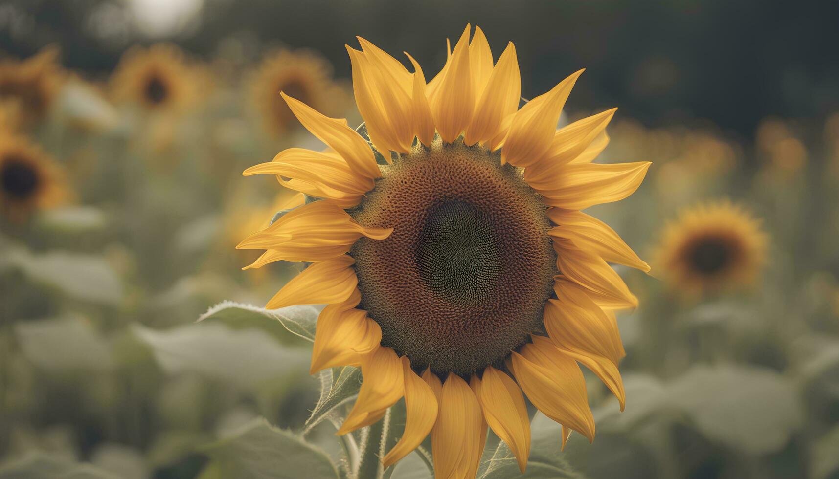 ai generiert ein Sonnenblume ist im ein Feld mit viele andere Sonnenblumen foto