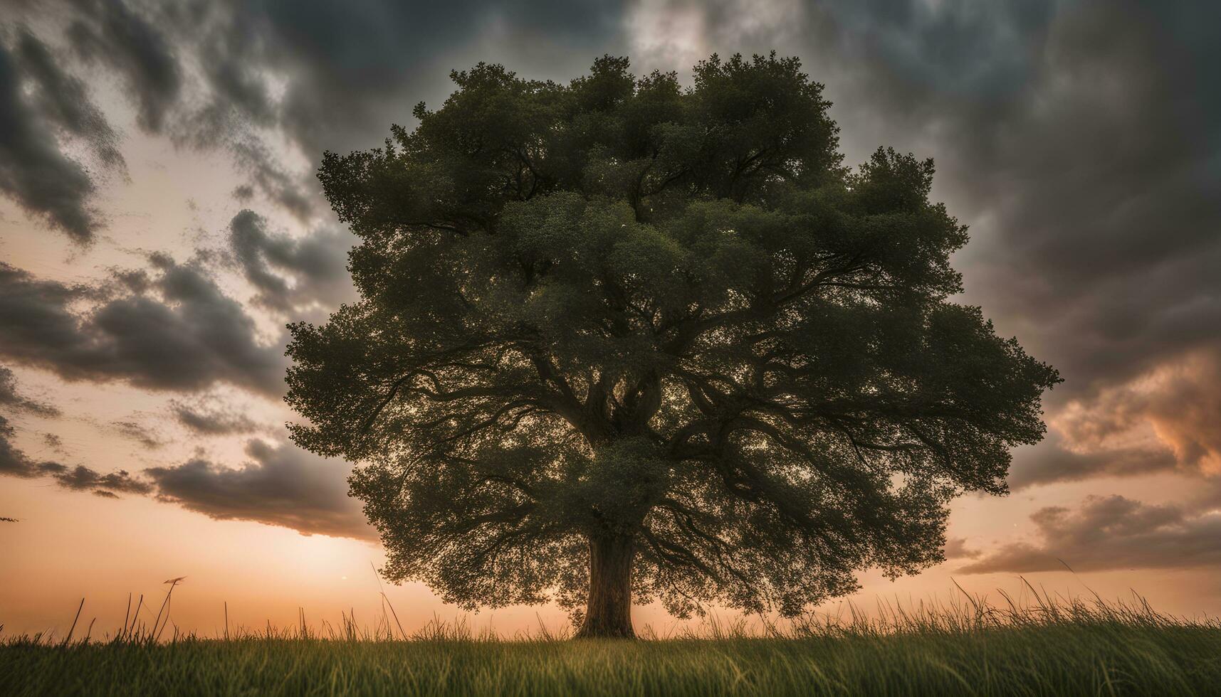 ai generiert ein einsam Baum steht im ein Feld unter ein wolkig Himmel foto