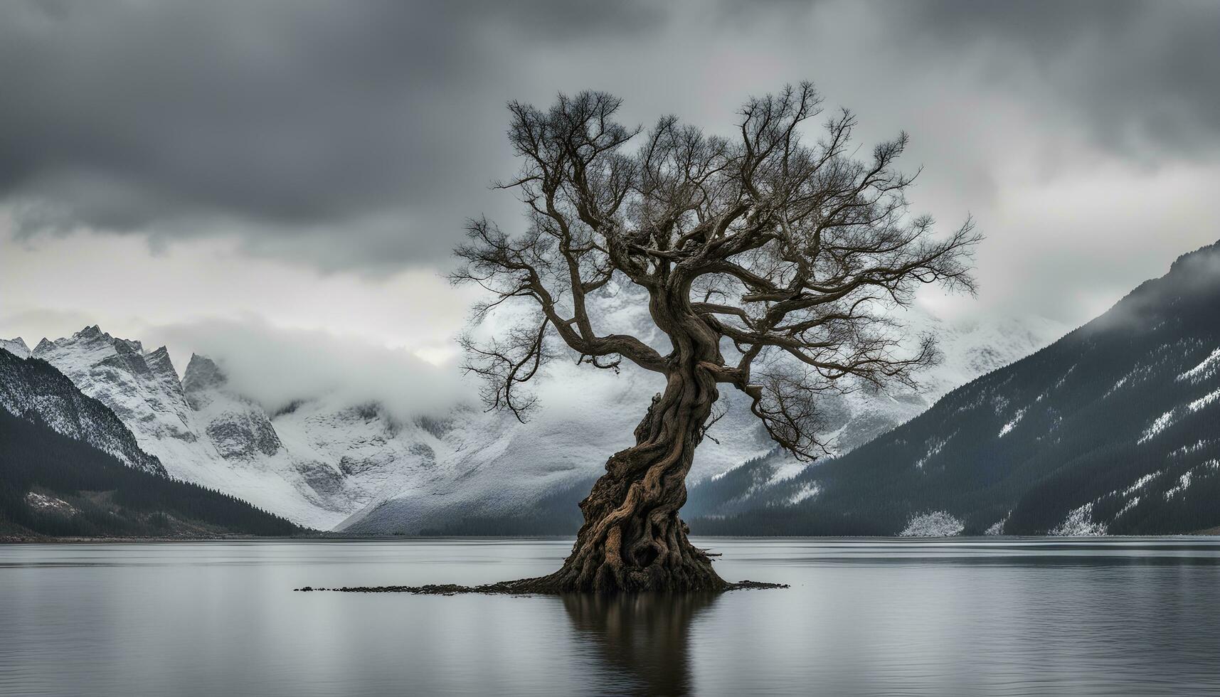 ai generiert ein einsam Baum steht im das Mitte von ein See foto