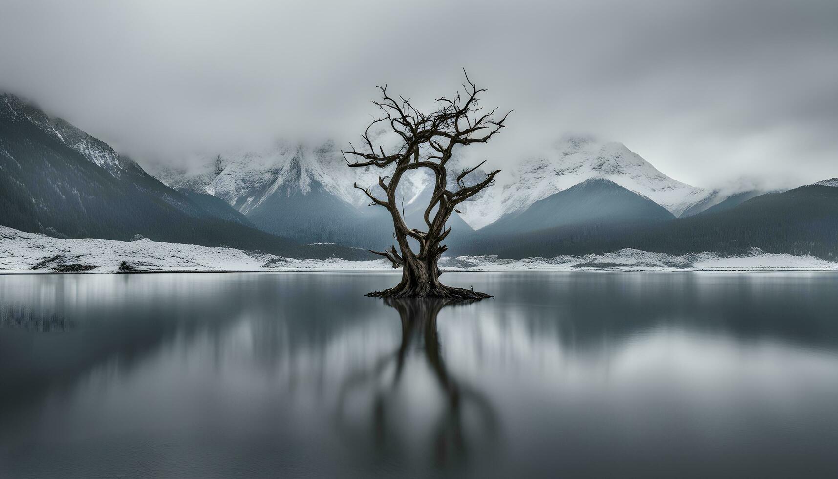 ai generiert ein einsam Baum im das Mitte von ein See foto