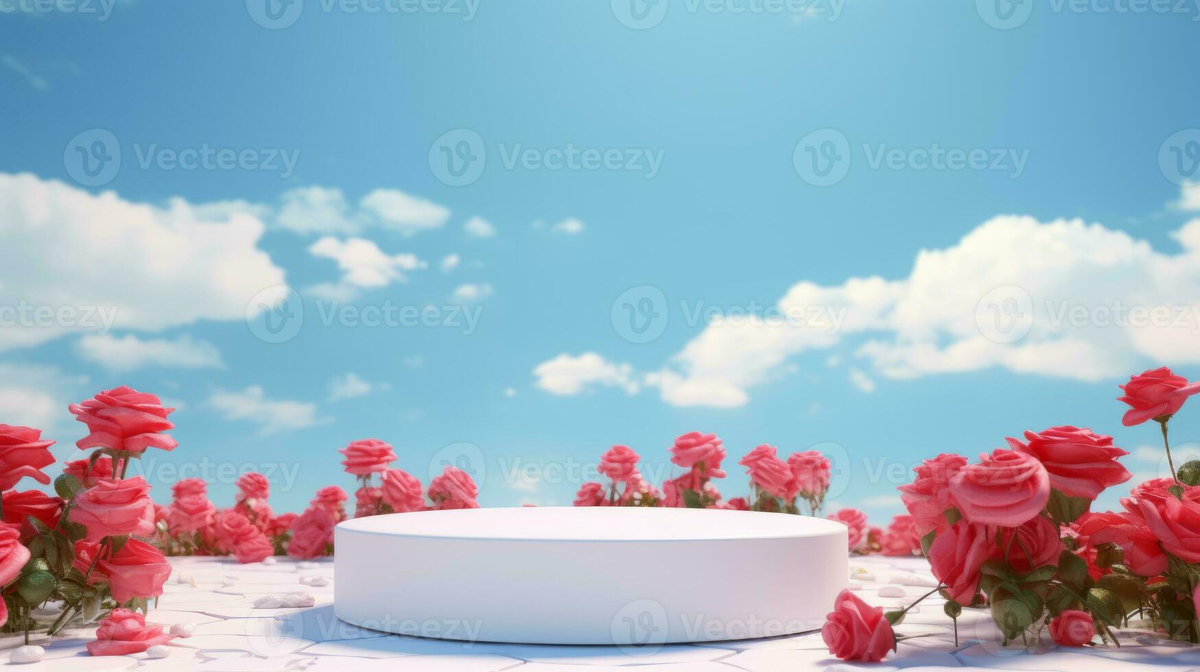 ai generiert leeren Weiß runden Podium auf rot Gradient Rosen Garten und Sommer- Blau Himmel Hintergrund zum kosmetisch Produkt Präsentation, Valentinstag Tag Konzept foto