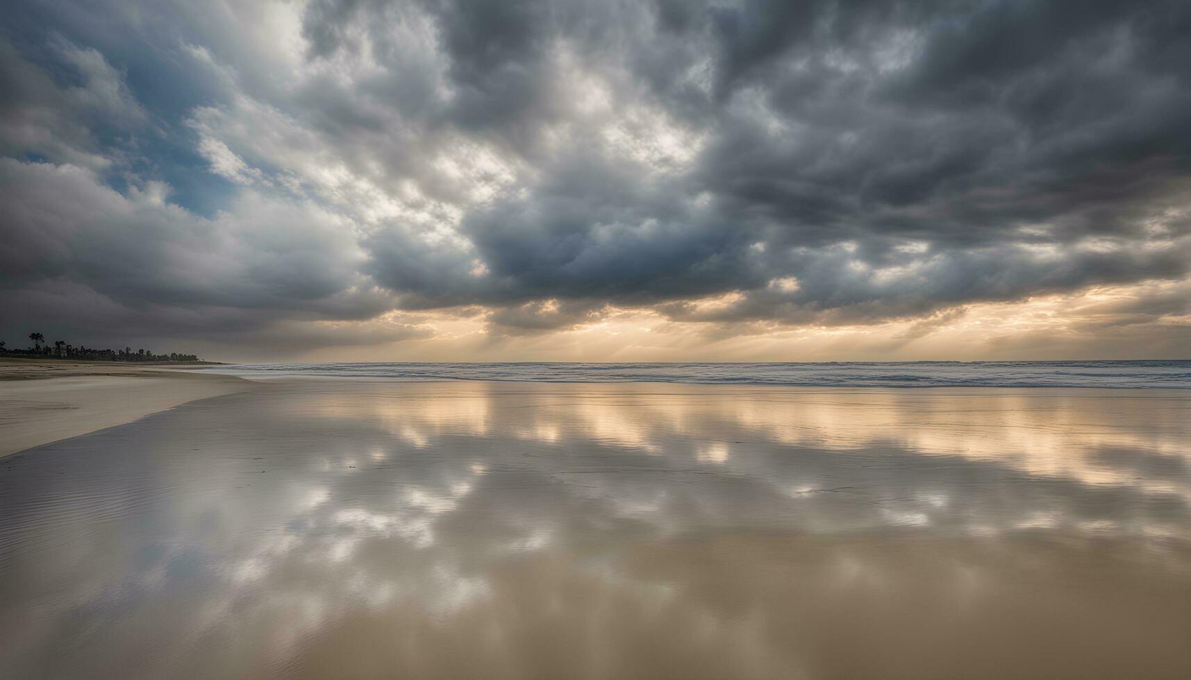 ai generiert ein stürmisch Tag auf das Strand mit Wolken reflektieren im das Wasser foto