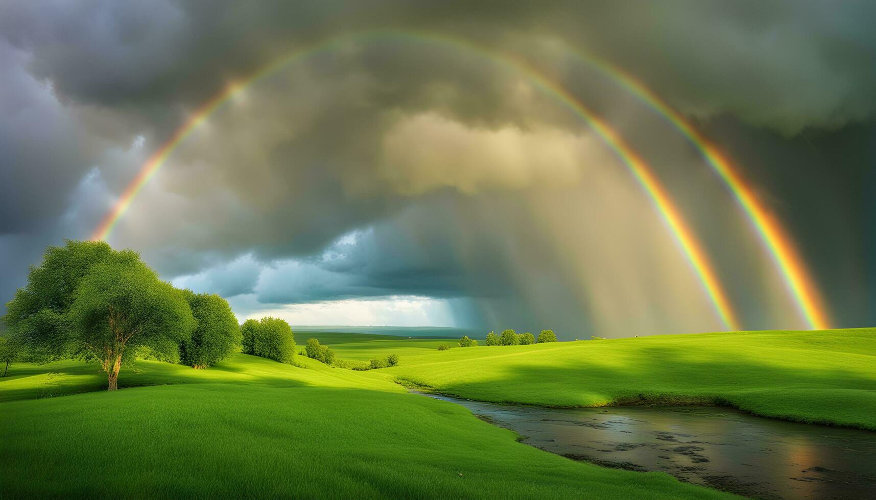 ai generiert Regenbogen Über das Grün grasig Feld foto