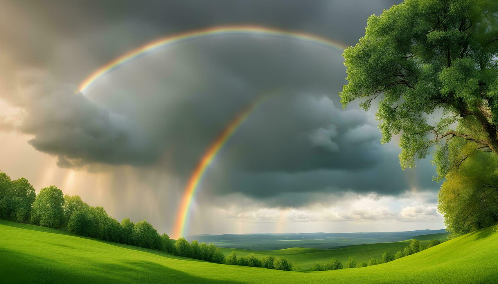 ai generiert Regenbogen Über Grün Gras und Bäume foto