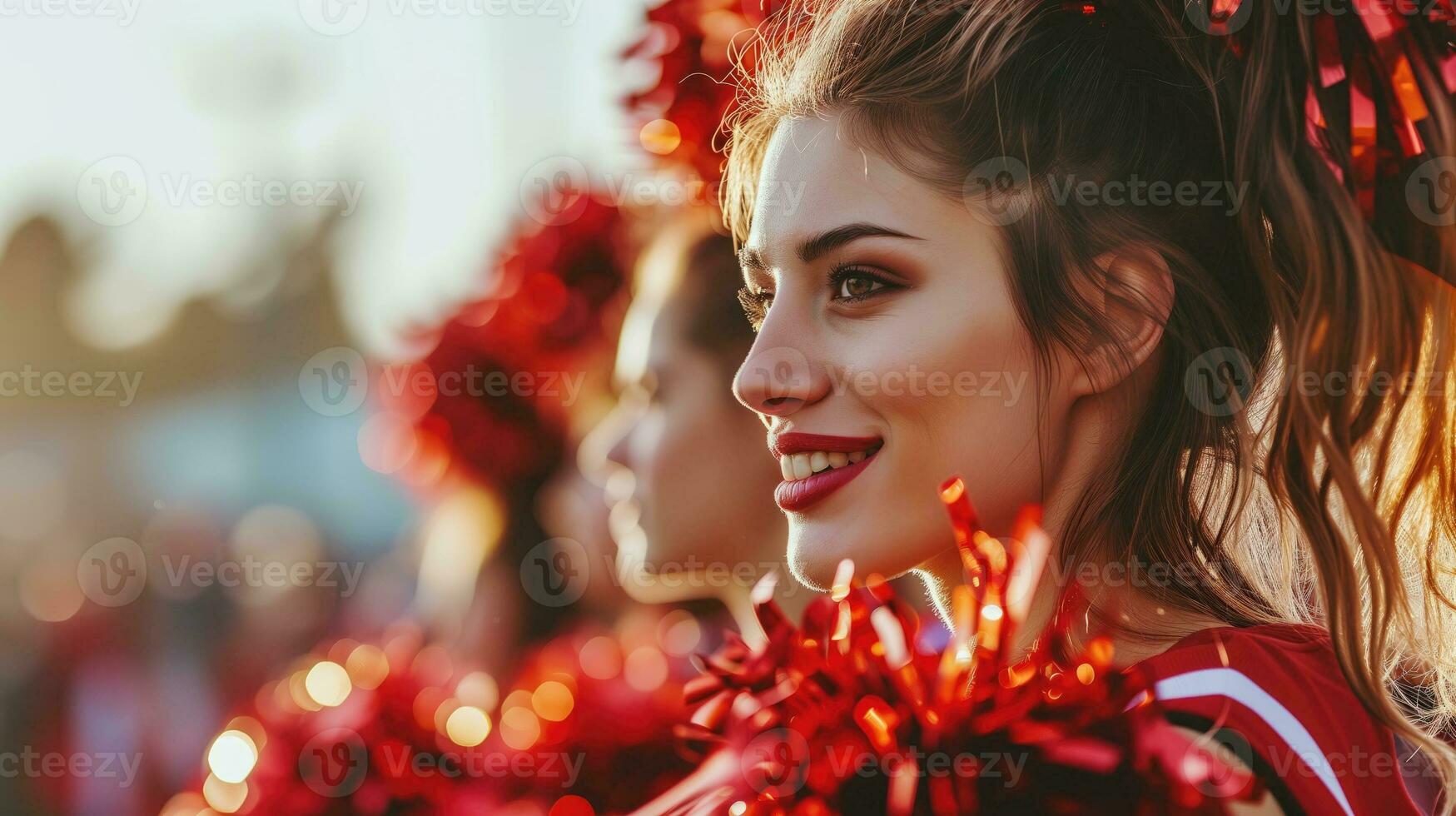 ai generiert Nahansicht von ein Cheerleader Gesicht mit Pompons foto