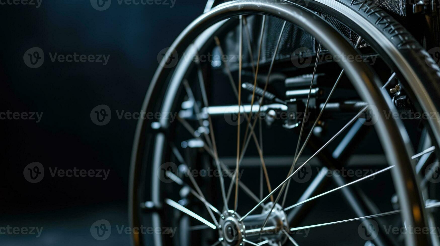 ai generiert Detail von ein Rollstuhl Rad mit ein dunkel Hintergrund foto