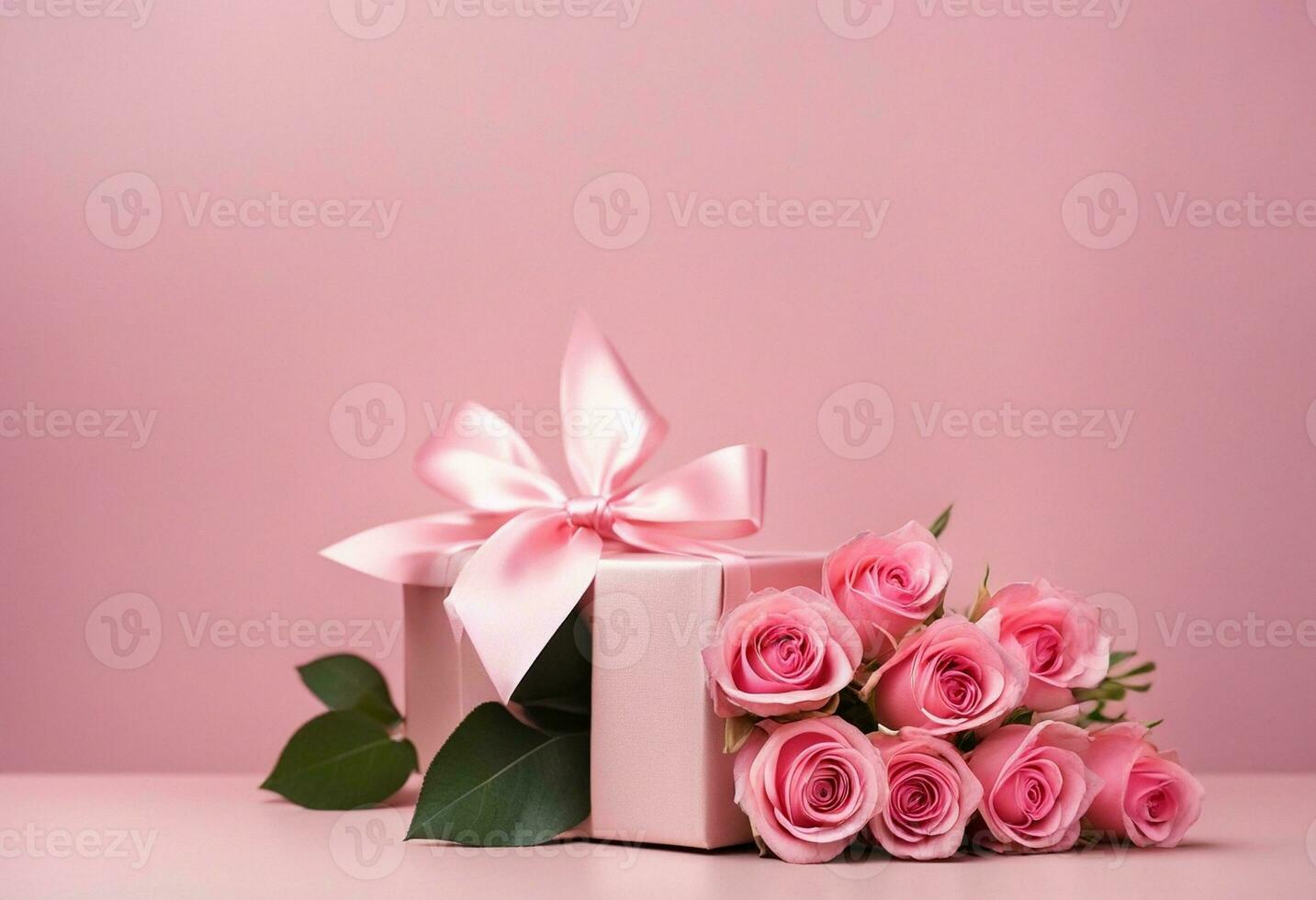 ai generiert schön Strauß Blumen Rosa Rosen im Vase und Geschenk Box mit Satin- Bogen auf Pastell- Rosa Hintergrund Tisch. Geburtstag, Hochzeit, Mutter Tag, Valentinstag Tag, Damen Tag. Vorderseite Aussicht foto