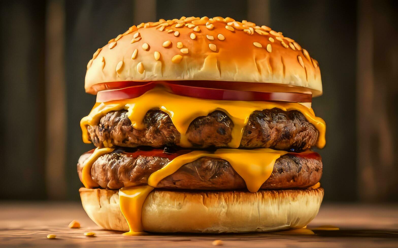 ai generiert ein lecker Nahansicht von ein Gourmet Burger mit tropft Käse auf Weiß Hintergrund foto