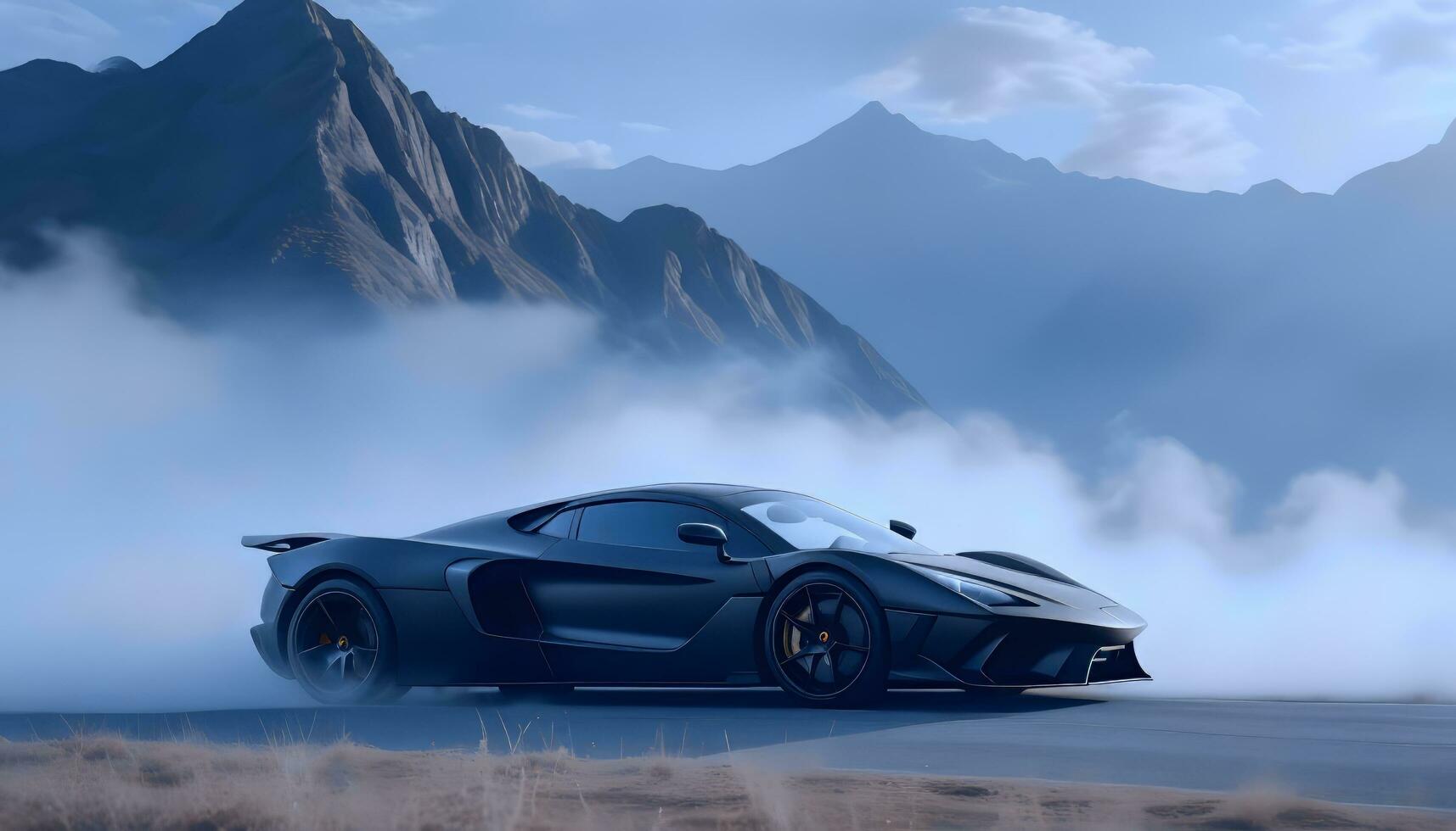 ai generiert ein matt schwarz Supersportwagen taucht auf von ein wirbelnd Nebel Bank, es ist glatt Silhouette umrissen gegen ein dramatisch Berg Hintergrund. foto