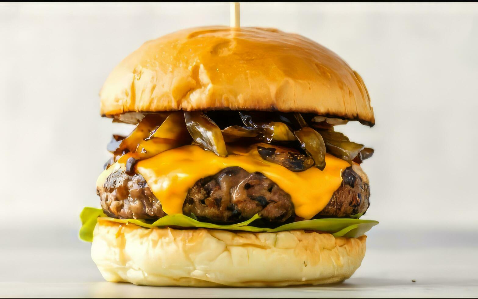 ai generiert ein lecker Nahansicht von ein Gourmet Burger mit tropft Käse auf Weiß Hintergrund foto
