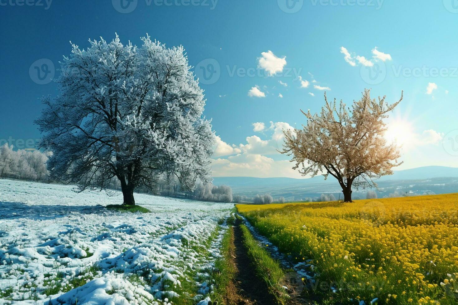 ai generiert Winter und Frühling Landschaft mit Blau Himmel. Konzept von Veränderung Jahreszeit. generativ ai foto