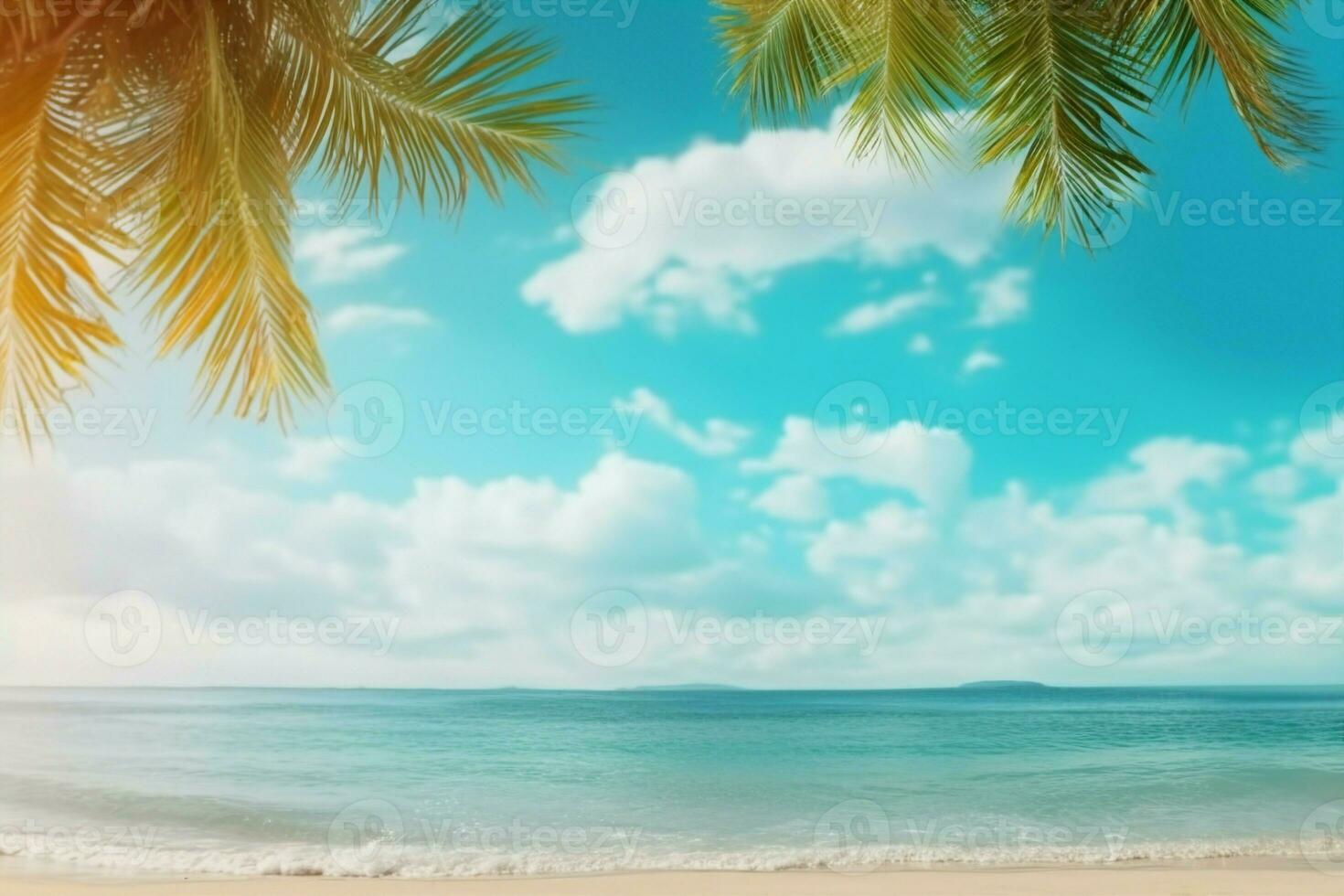 ai generiert Palme Baum auf tropisch Strand mit Blau Himmel und Weiß Wolken abstrakt Hintergrund. Kopieren Raum von Sommer- Ferien und Geschäft Reise Konzept. Jahrgang Ton Filter bewirken Farbe Stil. foto