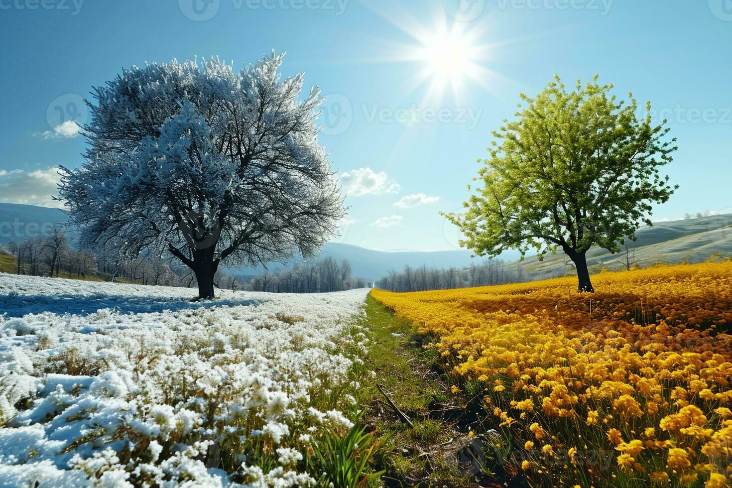 ai generiert Winter und Frühling Landschaft mit Blau Himmel. Konzept von Veränderung Jahreszeit. generativ ai foto