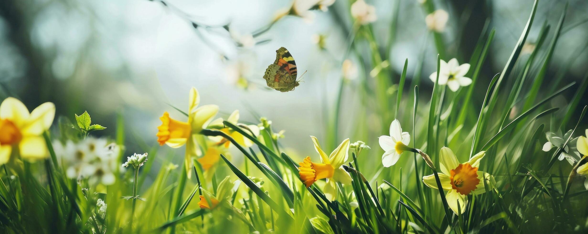 ai generiert Grün Gras mit Schmetterlinge und Narzissen foto