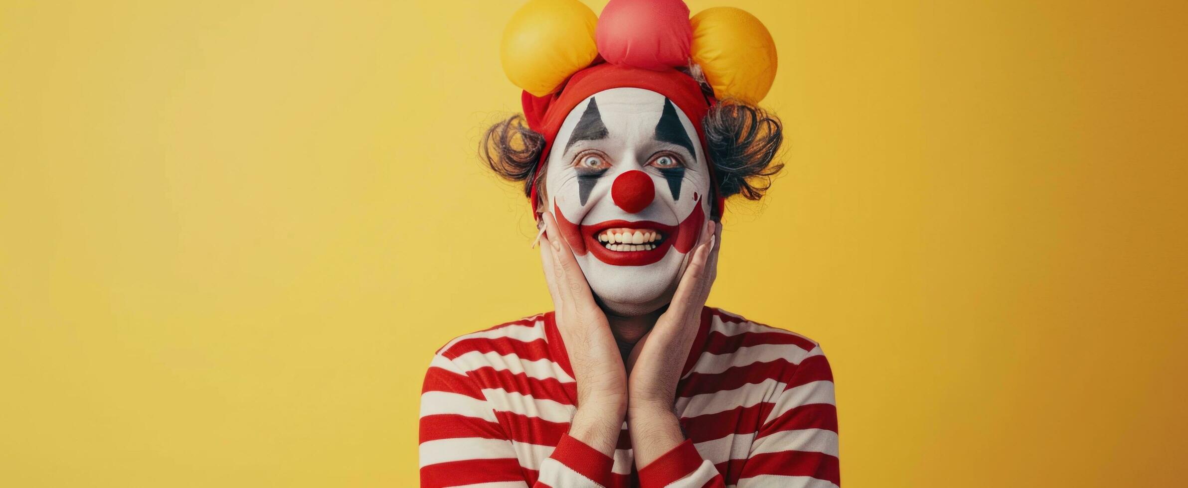 ai generiert glücklich Clown auf Gelb Hintergrund foto