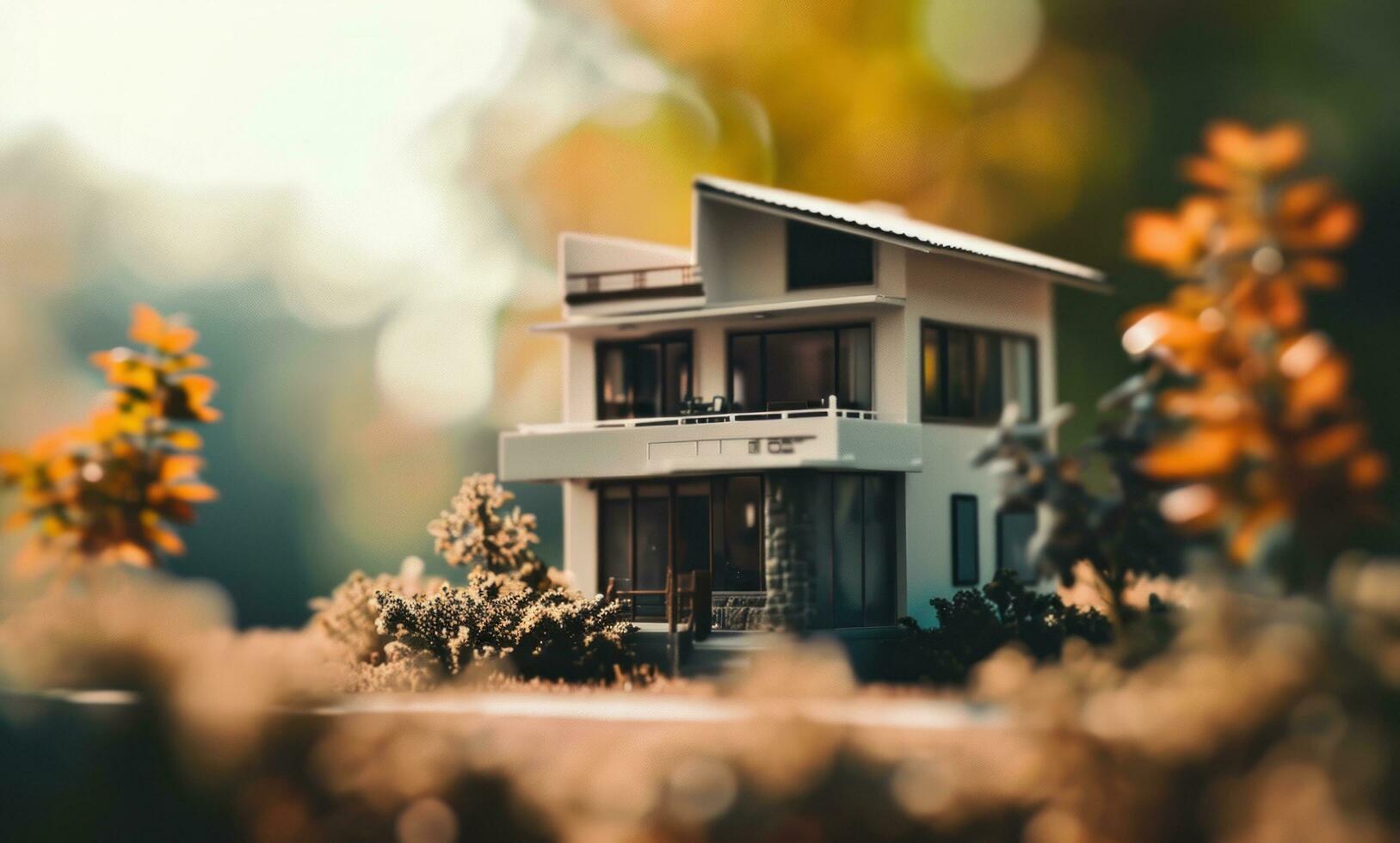 ai generiert Miniatur Haus auf Natur Hintergrund foto