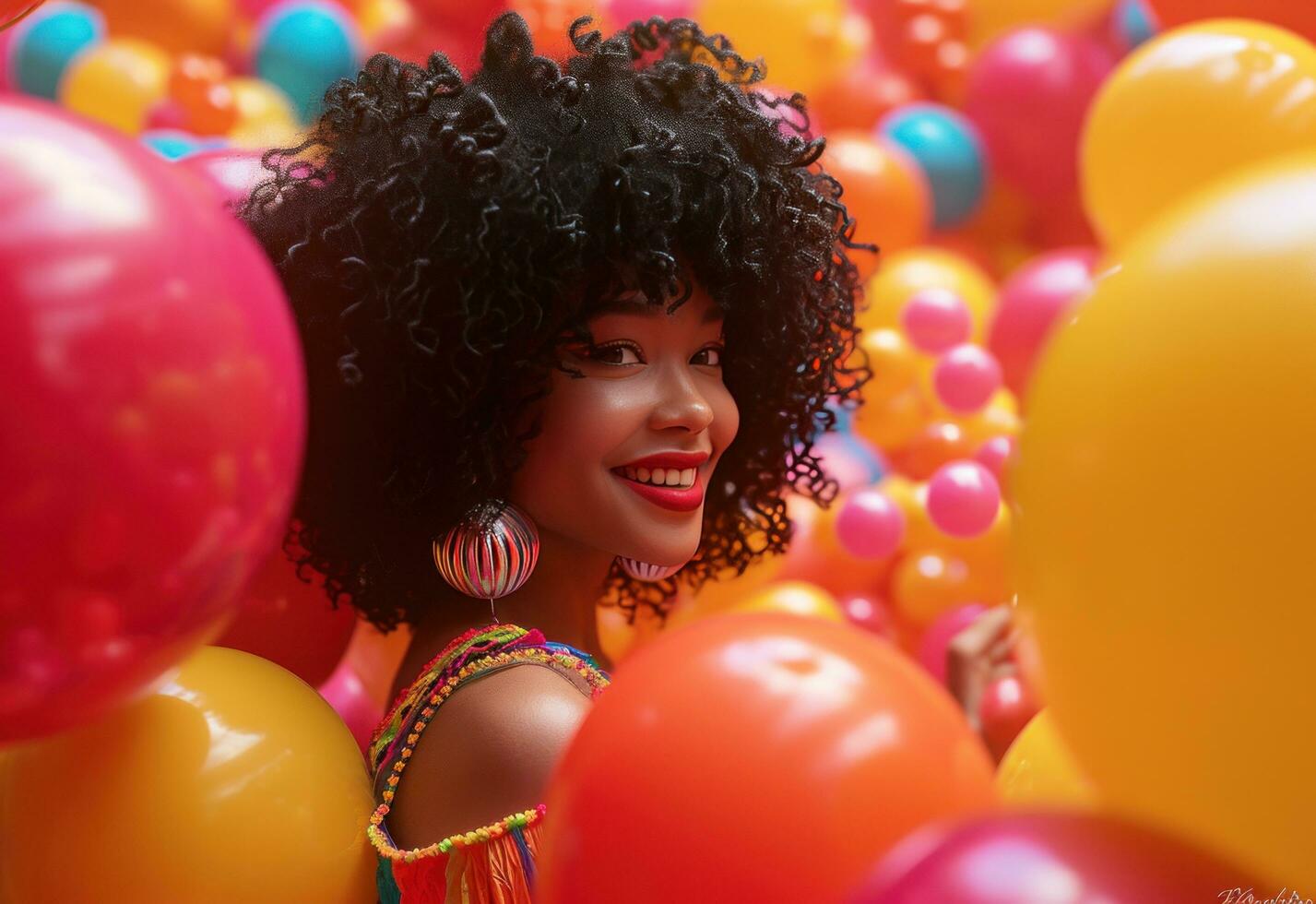 ai generiert ein glücklich schön jung Frau mit groß afro hat Spaß mit Luftballons foto