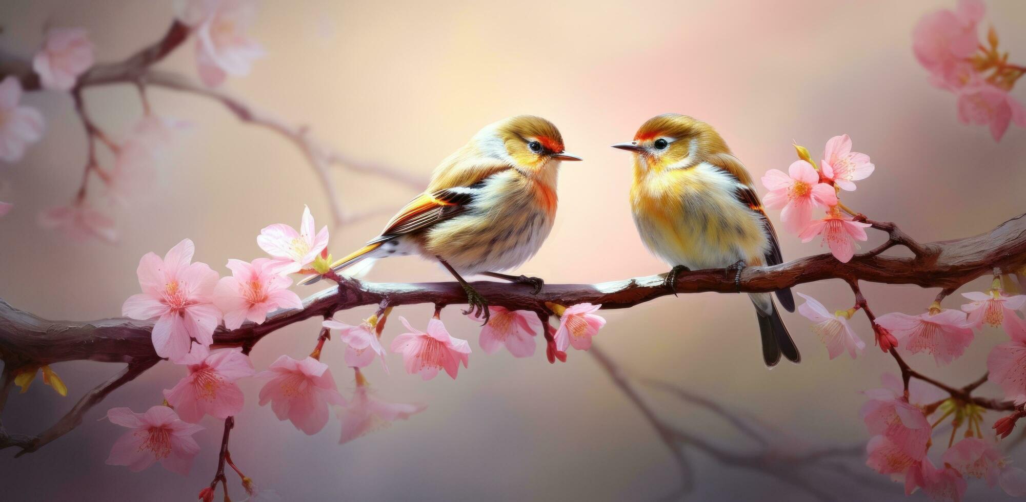 ai generiert zwei Vögel sind sitzend auf ein Rosa blühen Ast foto