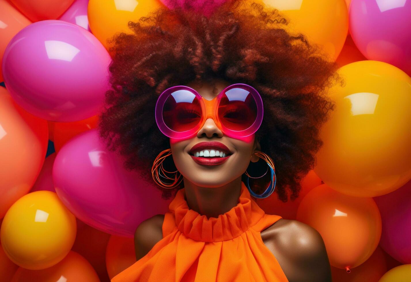 ai generiert ein glücklich schön jung Frau mit groß afro hat Spaß mit Luftballons foto