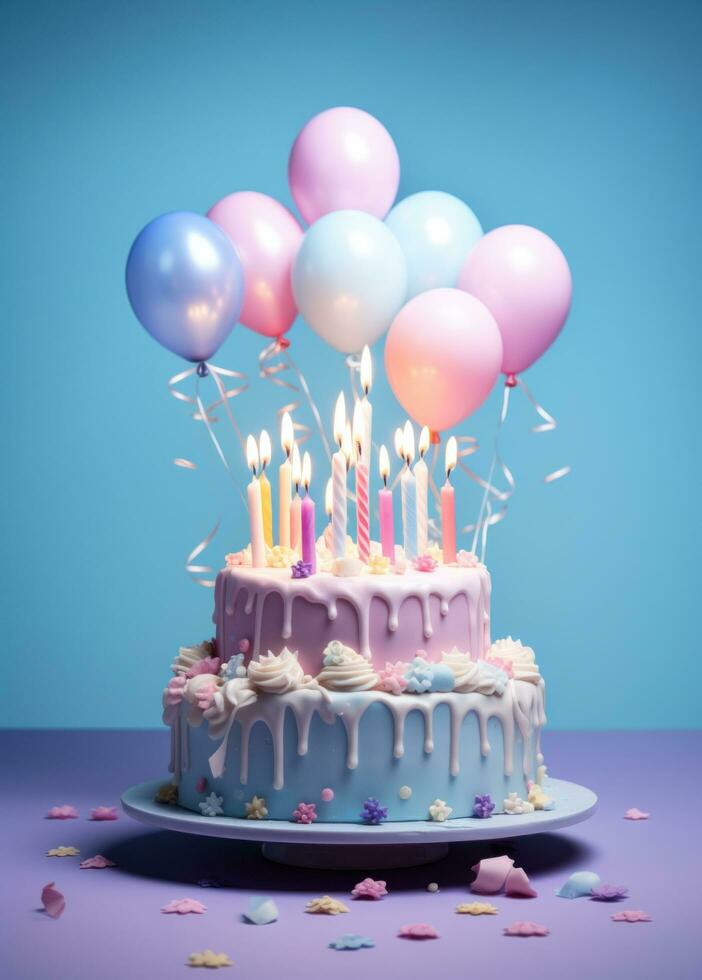 ai generiert ein Geburtstag Kuchen mit Geburtstag Kerzen und Luftballons auf ein Blau Hintergrund foto