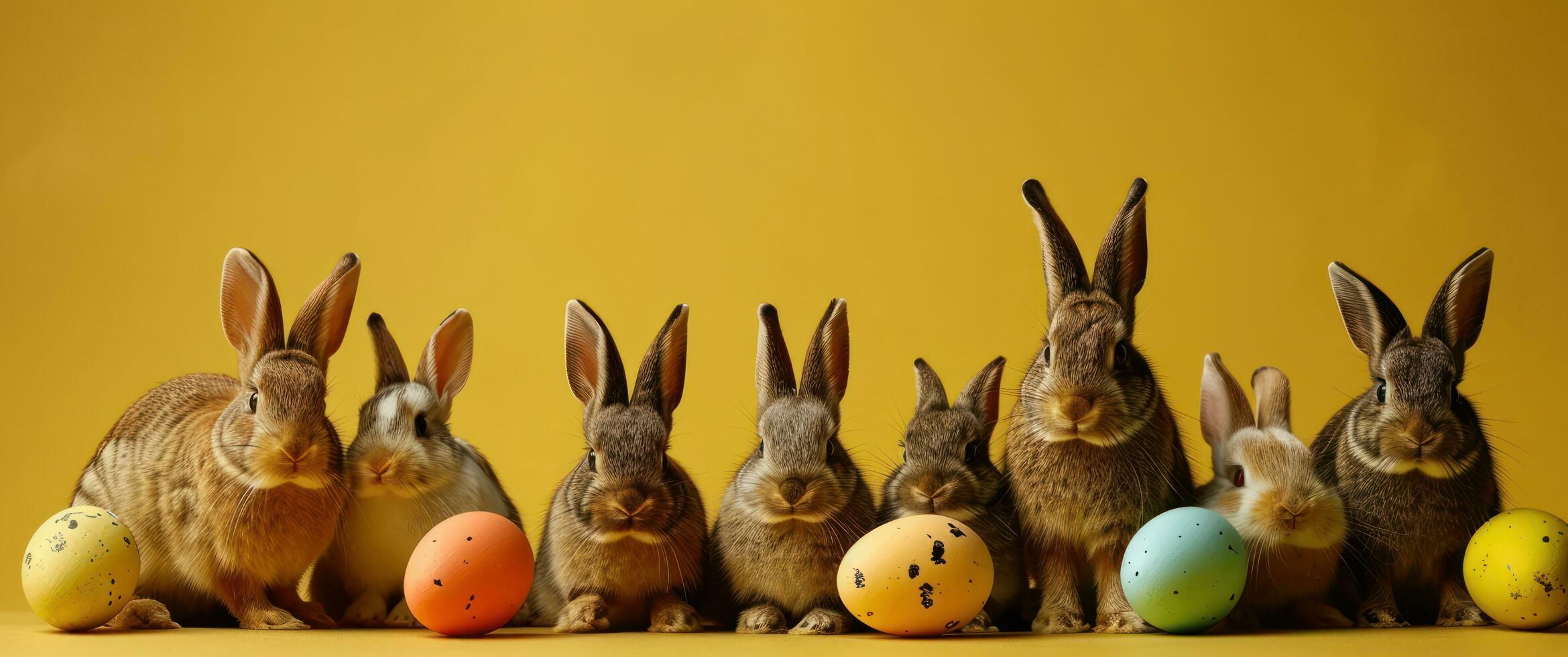 ai generiert Ostern Hasen im Vorderseite von bunt Eier Hintergrund foto