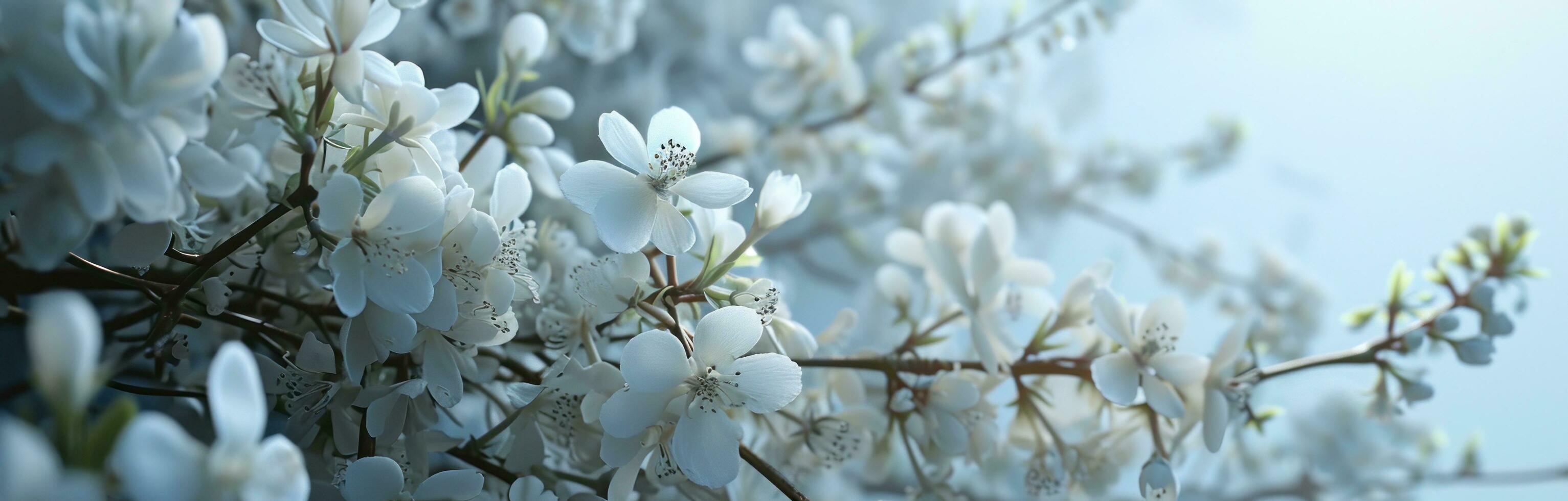 ai generiert ein Hintergrund von Weiß Blumen auf ein Blau Hintergrund foto