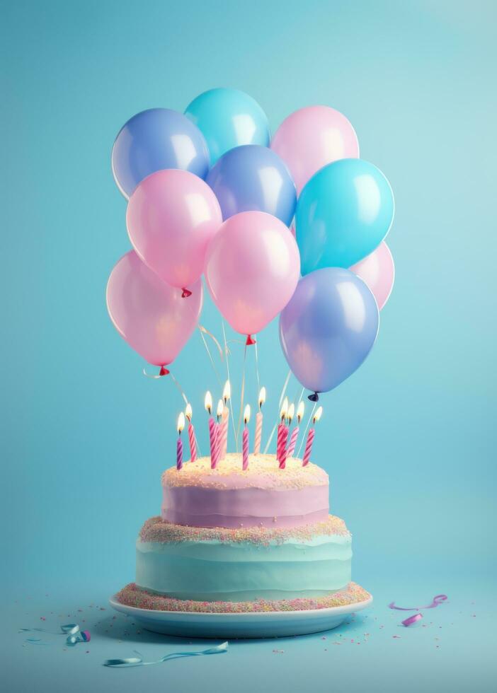 ai generiert ein Geburtstag Kuchen mit Geburtstag Kerzen und Luftballons auf ein Blau Hintergrund foto