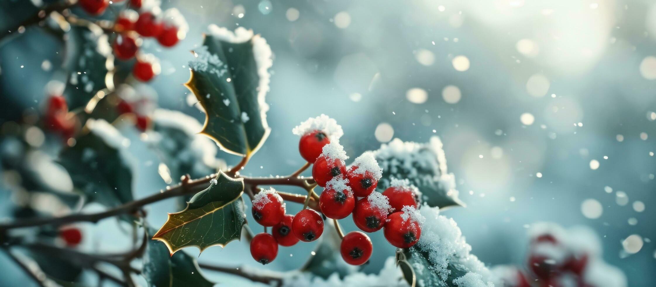 ai generiert ein Bündel von rot Stechpalme Beeren und Schnee auf das Blau Hintergrund foto