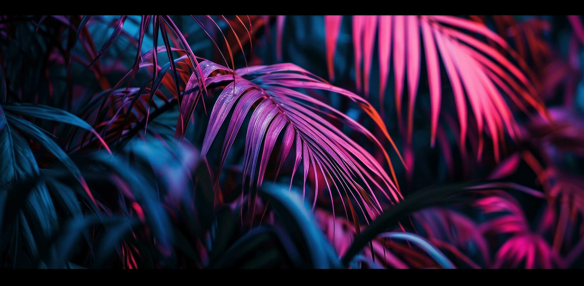 ai generiert ein Licht lila und Blau tropisch Urwald mit Palme Blätter foto