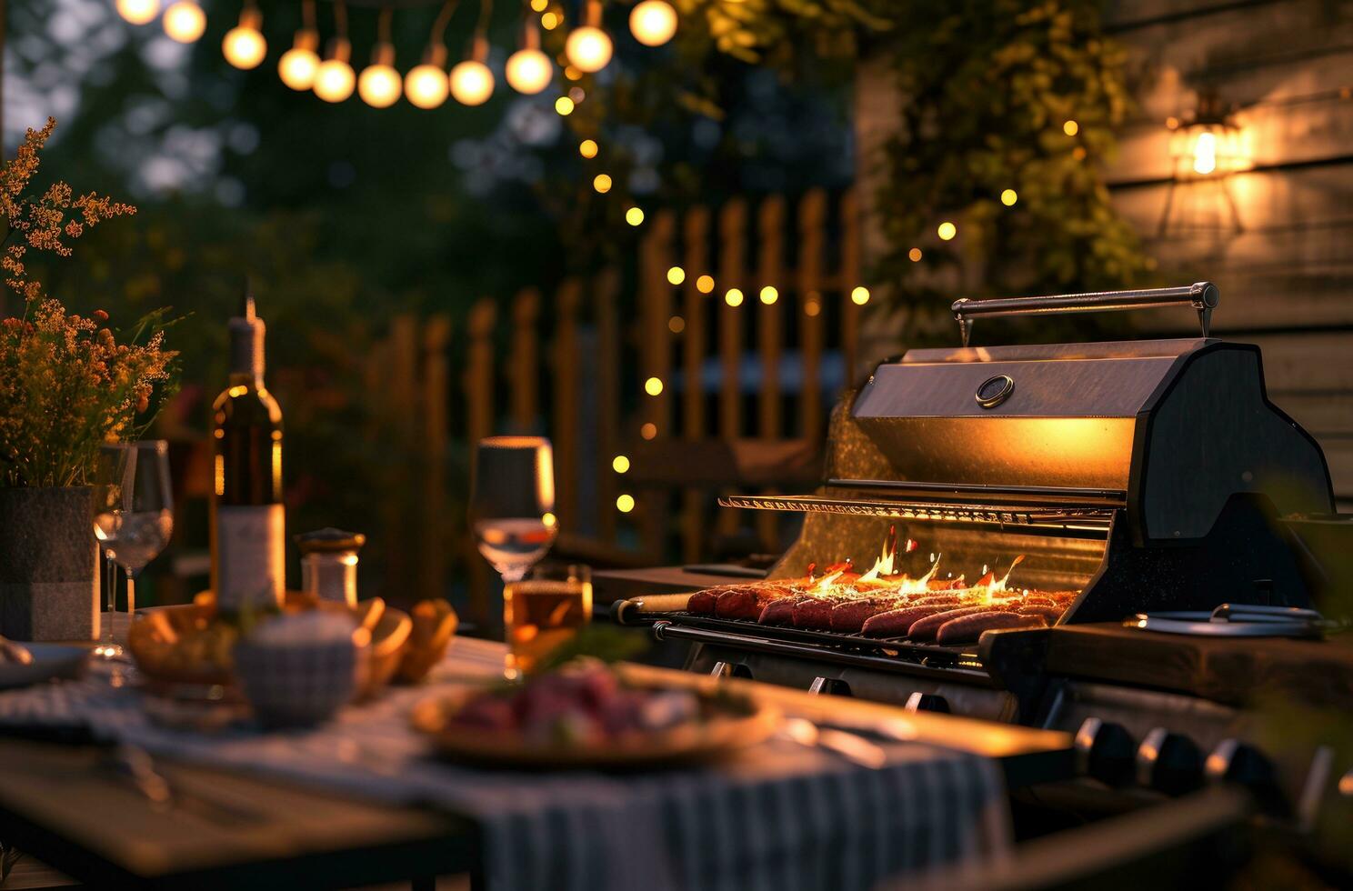 ai generiert Grill beim das Party, draussen auf das Grill, Nacht Beleuchtung, Abendessen beim Zuhause foto