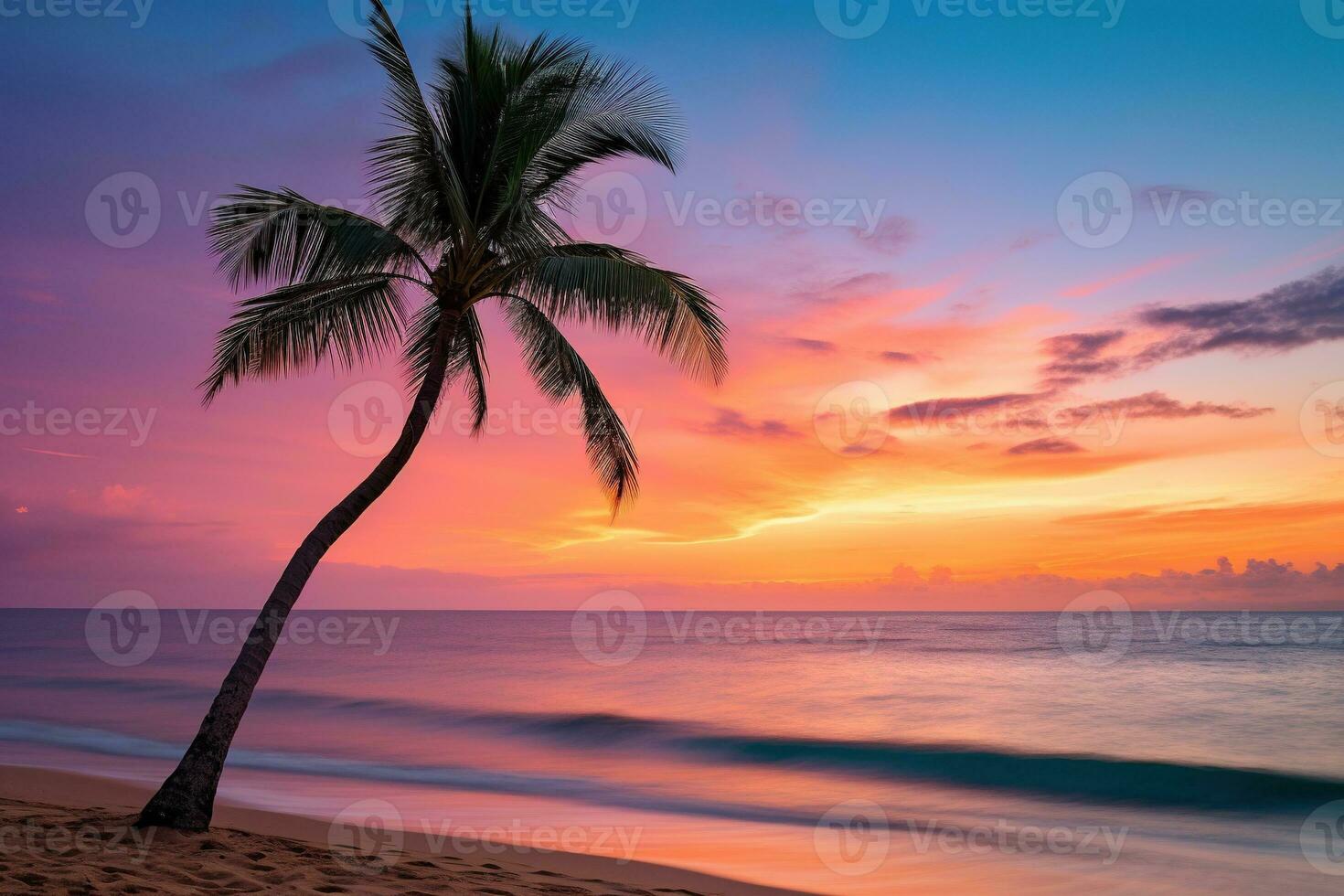 ai generiert schön Natur tropisch Strand und Meer mit Kokosnuss Palme Baum beim Sonnenuntergang Zeit zum Reise und Ferien foto