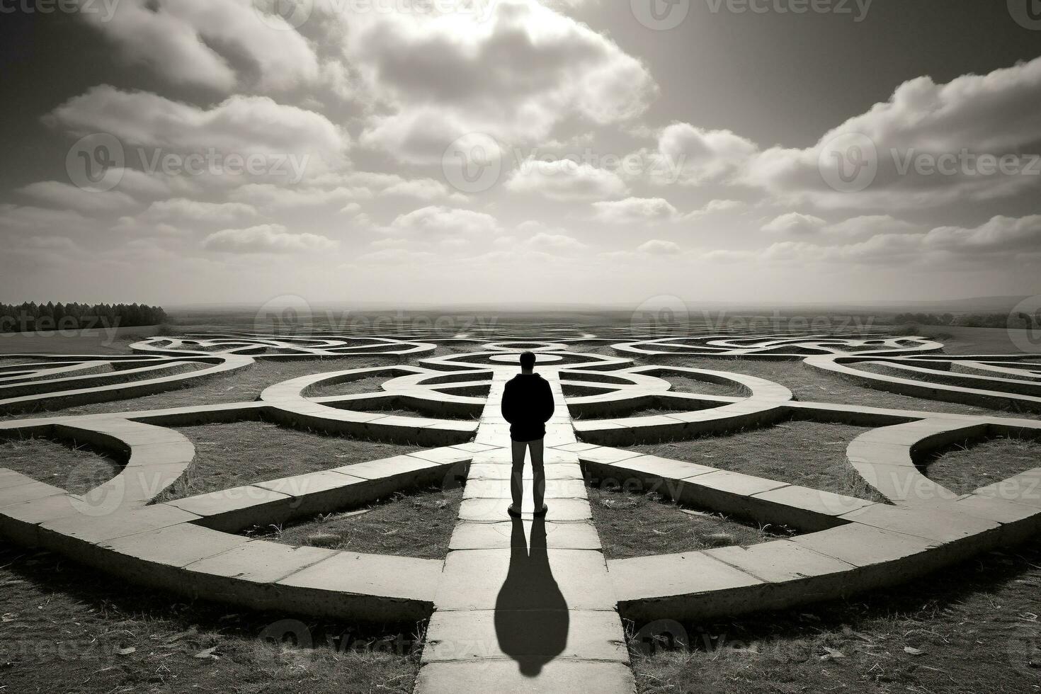 ai generiert ein Mann Stehen im das Mitte von ein Labyrinth foto