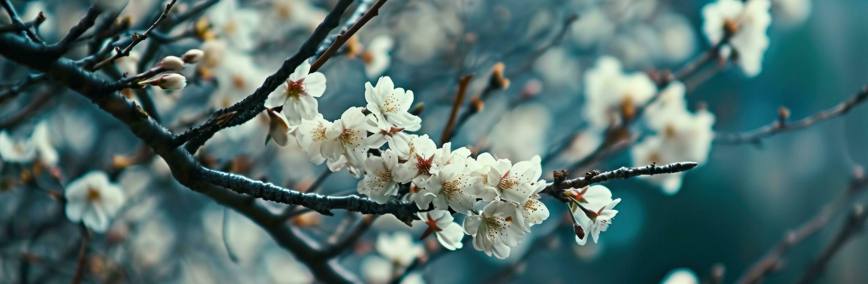 ai generiert Geäst von Kirsche Bäume sind bedeckt im Weiß Blumen foto