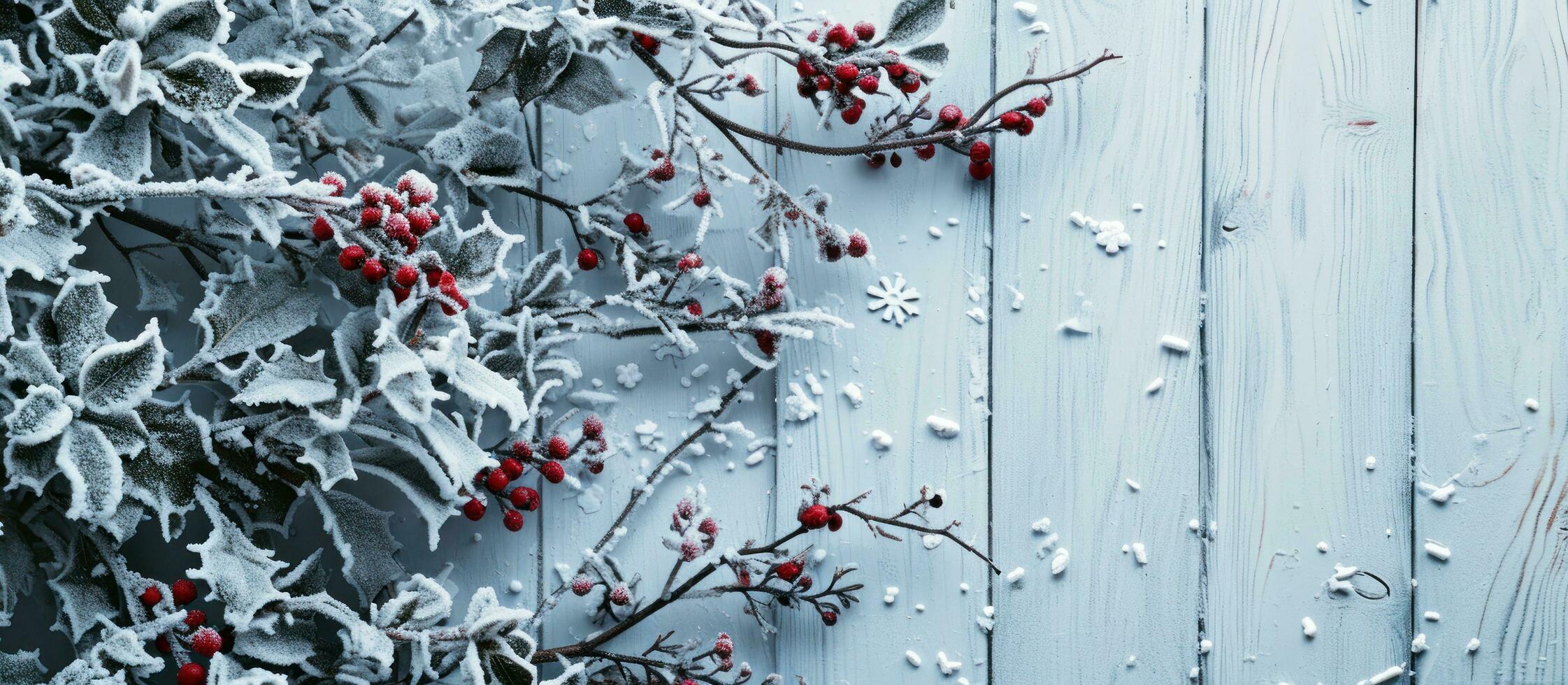 ai generiert Stechpalme Geäst und Schnee bedeckt Bäume auf ein hölzern Oberfläche foto